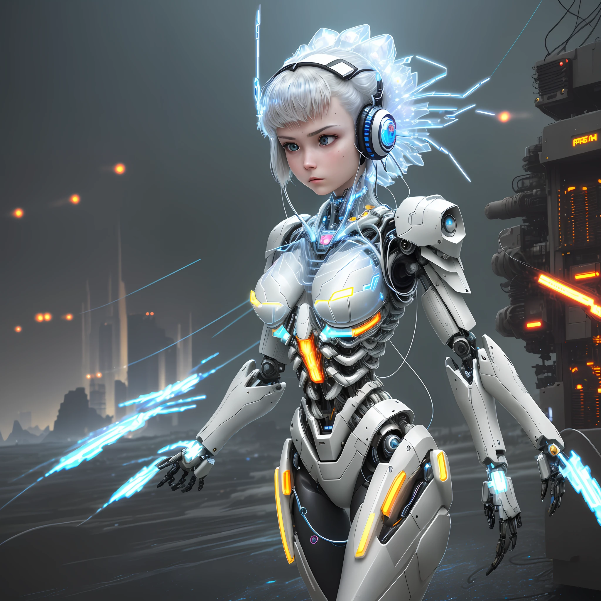 (official art, beautiful and aesthetic), (1girl:1.3), science fiction, (masterpiece, best quality, ultra detailed), complex 3d render ultra detailed of a beautiful porcelain profile woman, (white and silver cybernetic implants), (fractal art:1.1),(colored electronic cables and chips:1.3), (full of optical fiber cables that are wired in the implanted parts in the body covered translucent metallic skin:1.5),
manga influence, gun, mecha girl, full armor, ((mechanical limbs)), expressionless, biomechanical, (tired and sleepy face:0.1), dark and rainy post-apocalyptic battleground:1.3, (fire and flying ashes around background:1.2), cyberpunk, dynamic pose in a battleground:1.3, cowboy shot, headset with mic,
big breasts, ultra realistic:1.4