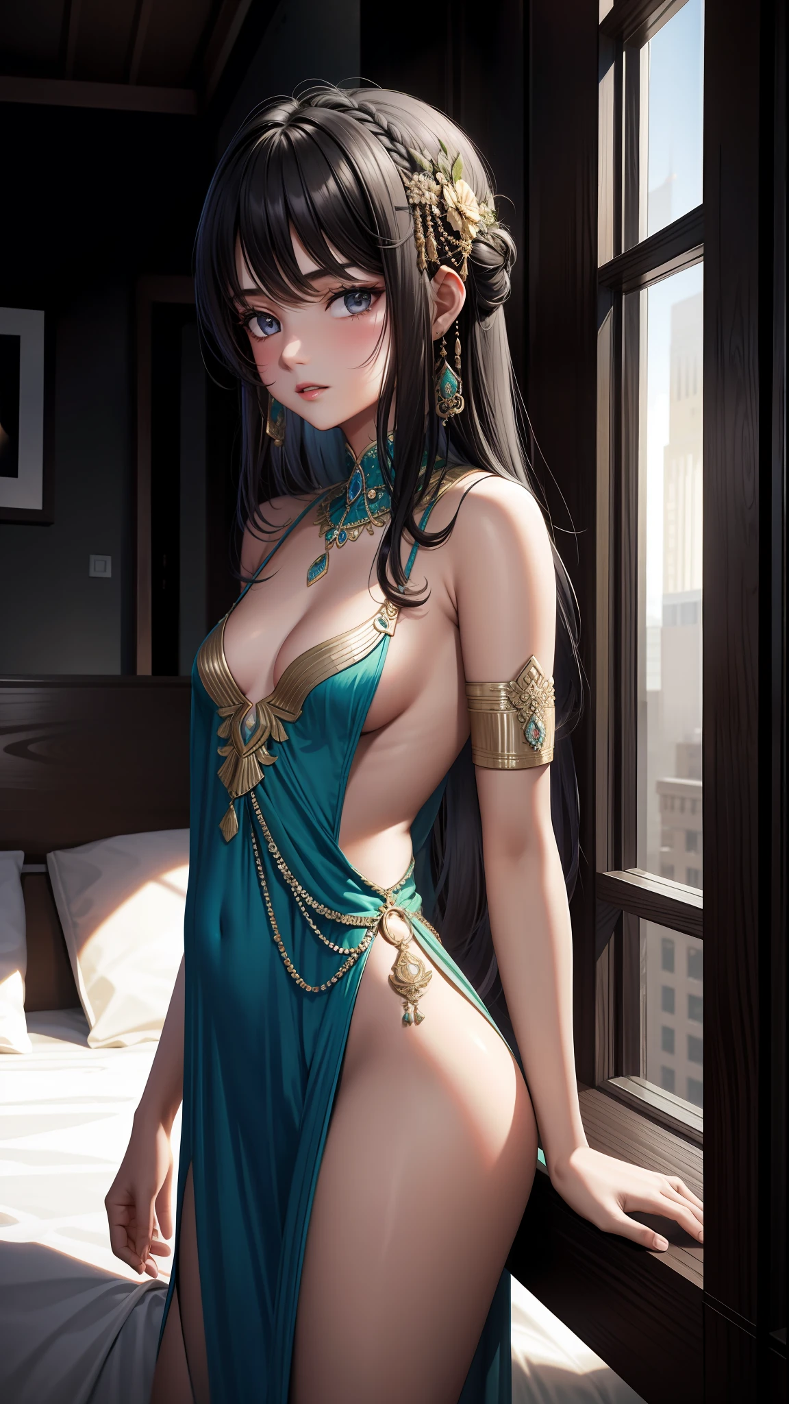 Masterpiece, highest quality, high resolution, solo Indian girl, small breasts, sexy long small dress, unconcerned, NSFW, small breasts, in small tight wall street, unconcerned, NSFW, lusty, bed, heavy breathing, sexual expression