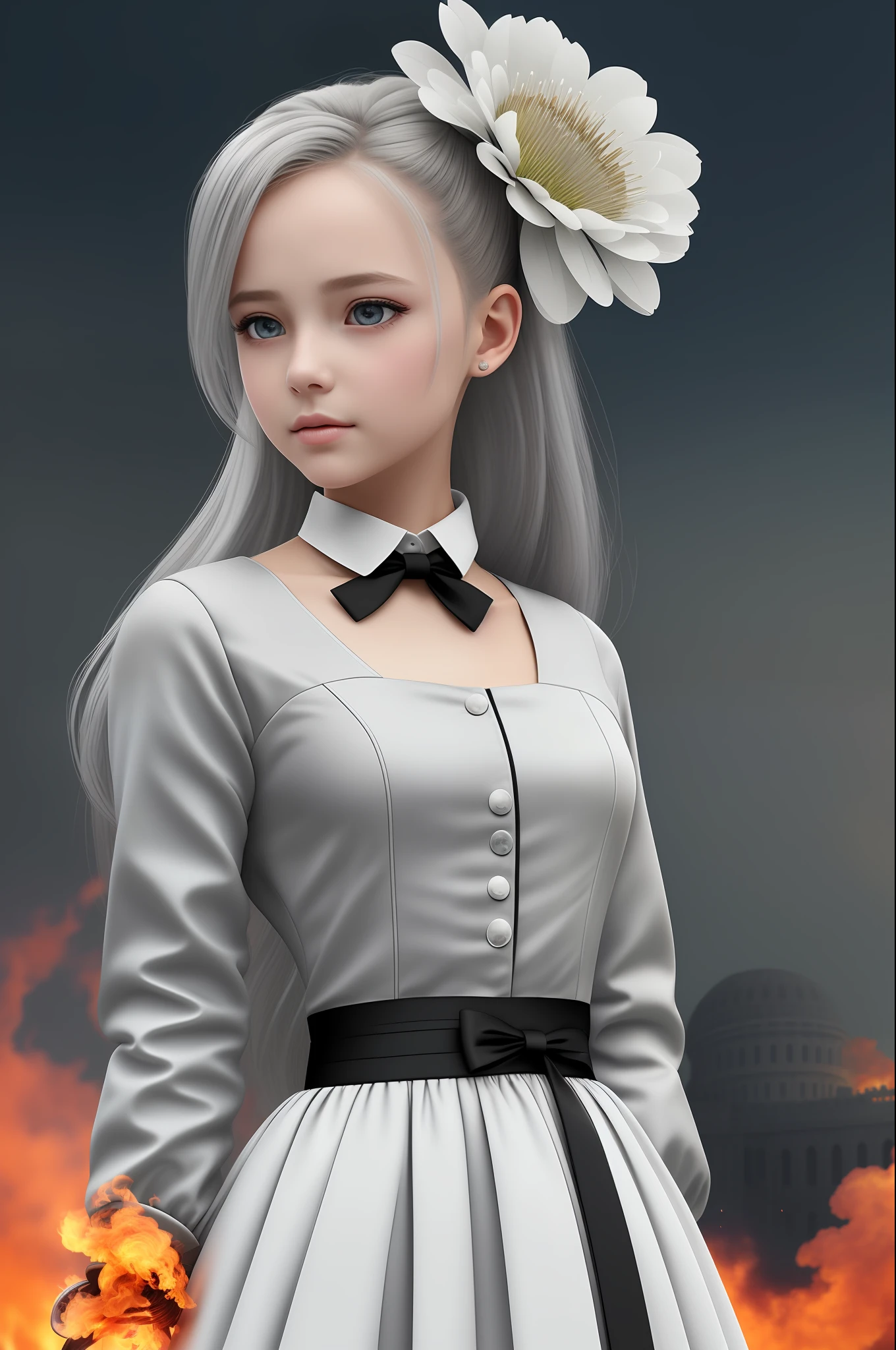masterpiece, best quality, illustration, {beautiful detailed girl}, beautiful detailed glow, (flames of war: 1.2), (nuclear explosion behind: 1.3), rain, detailed lighting, detailed water, (beautiful detailed eyes: 1.1), featureless , palace, azure hair, messy hair, long bangs, hair between the eyes, (white and gray dress: 1.1), black ribbon, white bow ties, belly, big forehead, blank look, flower, long sleeves