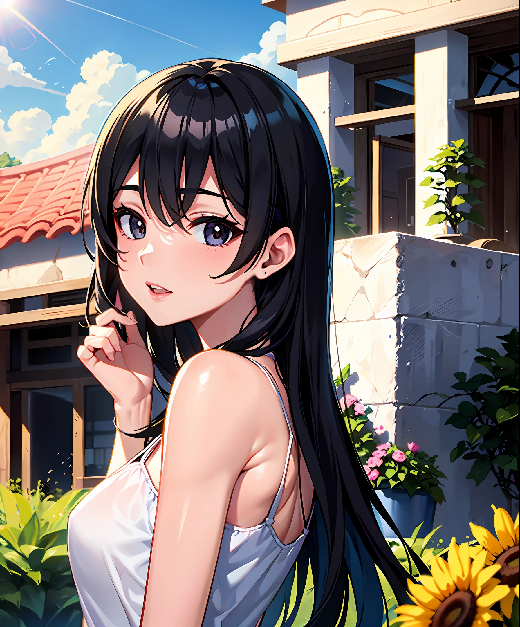 best quality, masterpiece, girl, black hair, black eyes, house, sun shining, shiny skin, sun flare