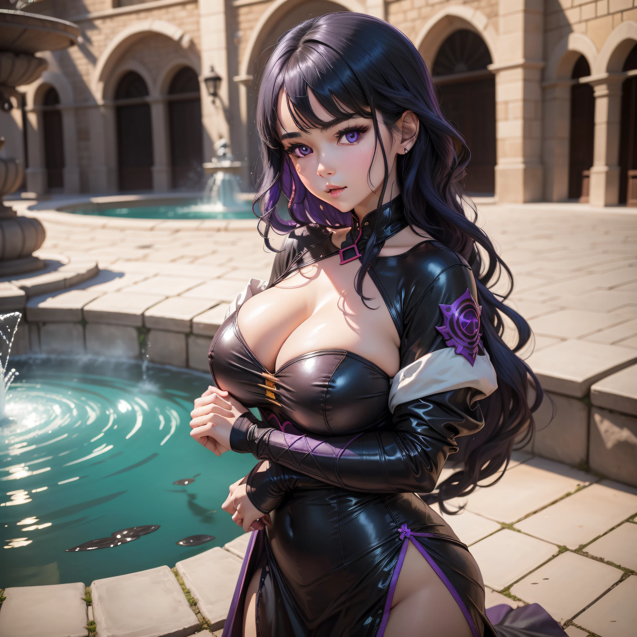 A Cute Girl with white skin, sexy body, wavy black hair [with shades of reds], purple eyes (shiny), bbwchan, big breasts, black clothes (yor forger costume), round face, realistic lighting, Radiosity, in a medieval town (next to a fountain), Close Up: 1.3.