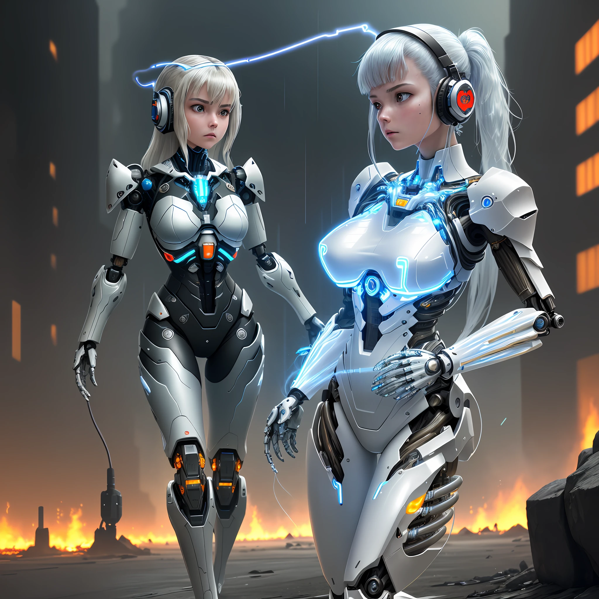 (official art, beautiful and aesthetic), (1girl:1.3), science fiction, (masterpiece, best quality, ultra detailed), complex 3d render ultra detailed of a beautiful porcelain profile woman, (white and silver cybernetic implants), (fractal art:1.1),(colored electronic cables and chips:1.3), (full of optical fiber cables that are wired in the implanted parts in the body covered translucent metallic skin:1.5),
manga influence, gun, mecha girl, full armor, ((mechanical limbs)), expressionless, biomechanical, (tired and sleepy face:0.1), dark and rainy post-apocalyptic battleground:1.3,  (fire and flying ashes around background:1.2), cyberpunk, dynamic pose in a battleground:1.3, cowboy shot, headset with mic,
big breasts, ultra realistic:1.4