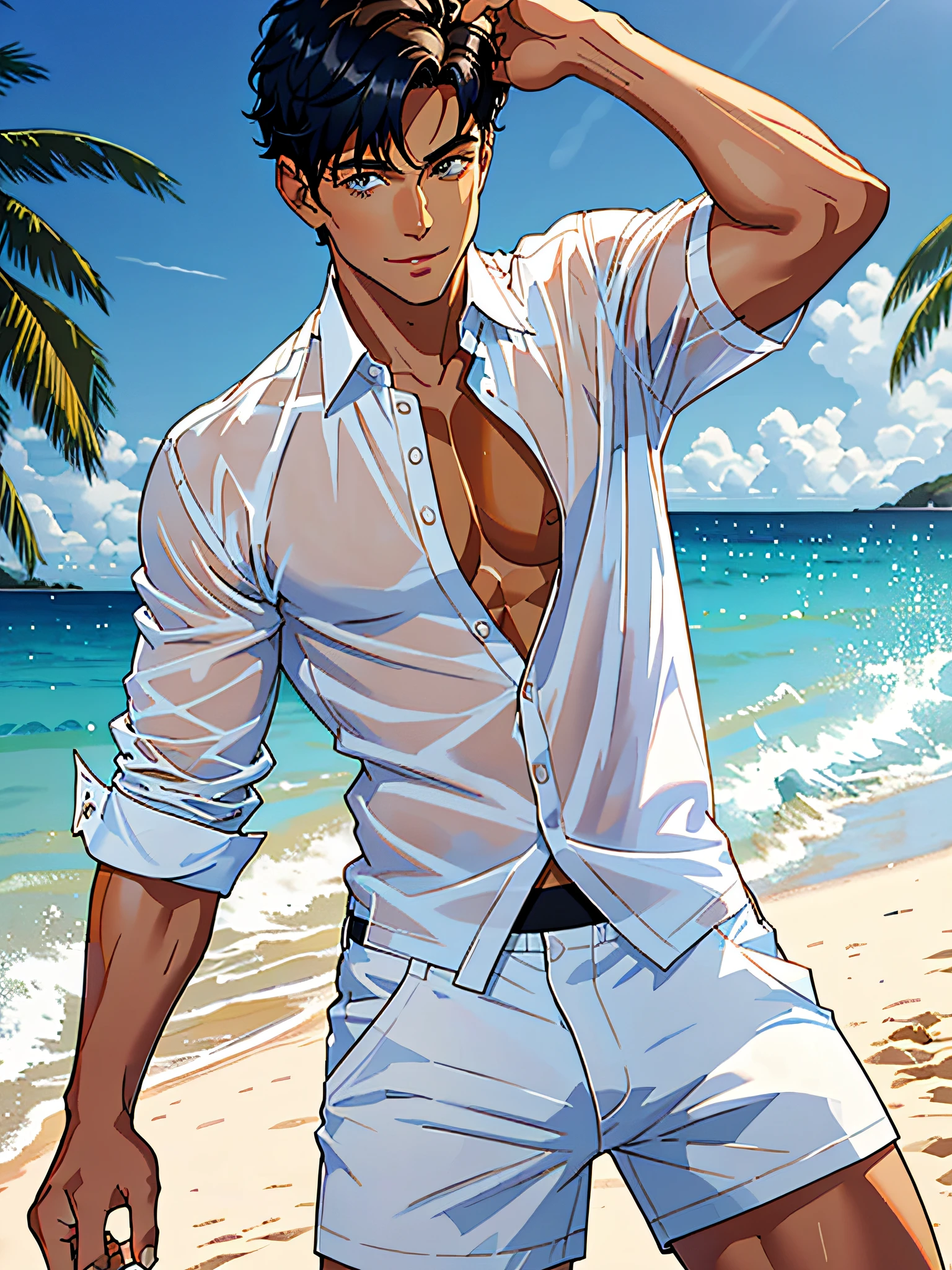 , he has short black hair whch is very stylish, he is wearing an (((opening his white shirt))) which shows his perfect athletic toned ((body with tan brown skin)), his body is shaved, shaved pubes so he can look sexy, His deep blue eyes hides mischief, his smile is flirty,he is dancing on a beach with low waist white shorts hiding his bulge,
