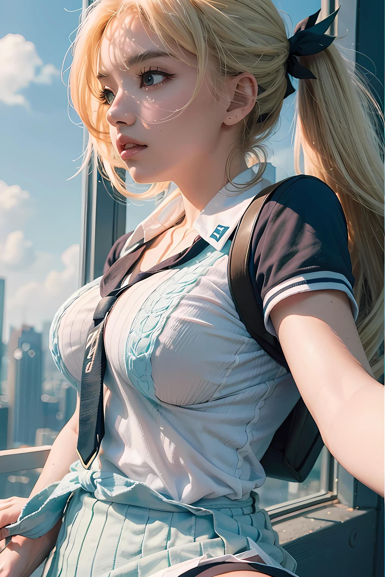 athlete, beautiful large breasts, old daytime observatory, melancholy theme, from above, gyaru, aqua, tsurime, bored, neckline, arched back, thighs, young, looking up, show nipple, (school uniform:1.1), BREAK ,(high resolutions:1.3),