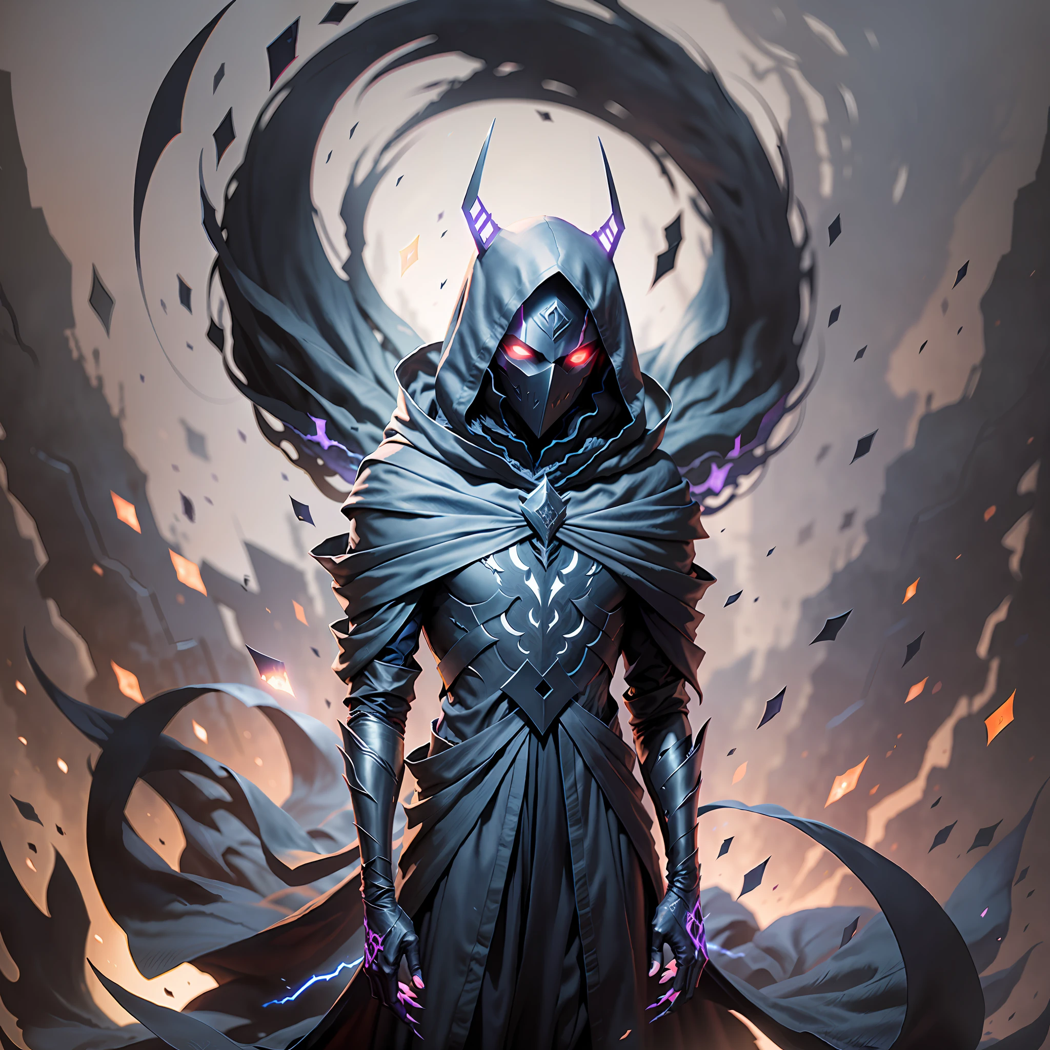 Nyx is a slender figure wrapped in a dark cloak like night. His face is covered by a mask of shadows, revealing only his glowing eyes. His hands are sharp as claws and his body seems to be in constant motion, as if formed by living shadows.