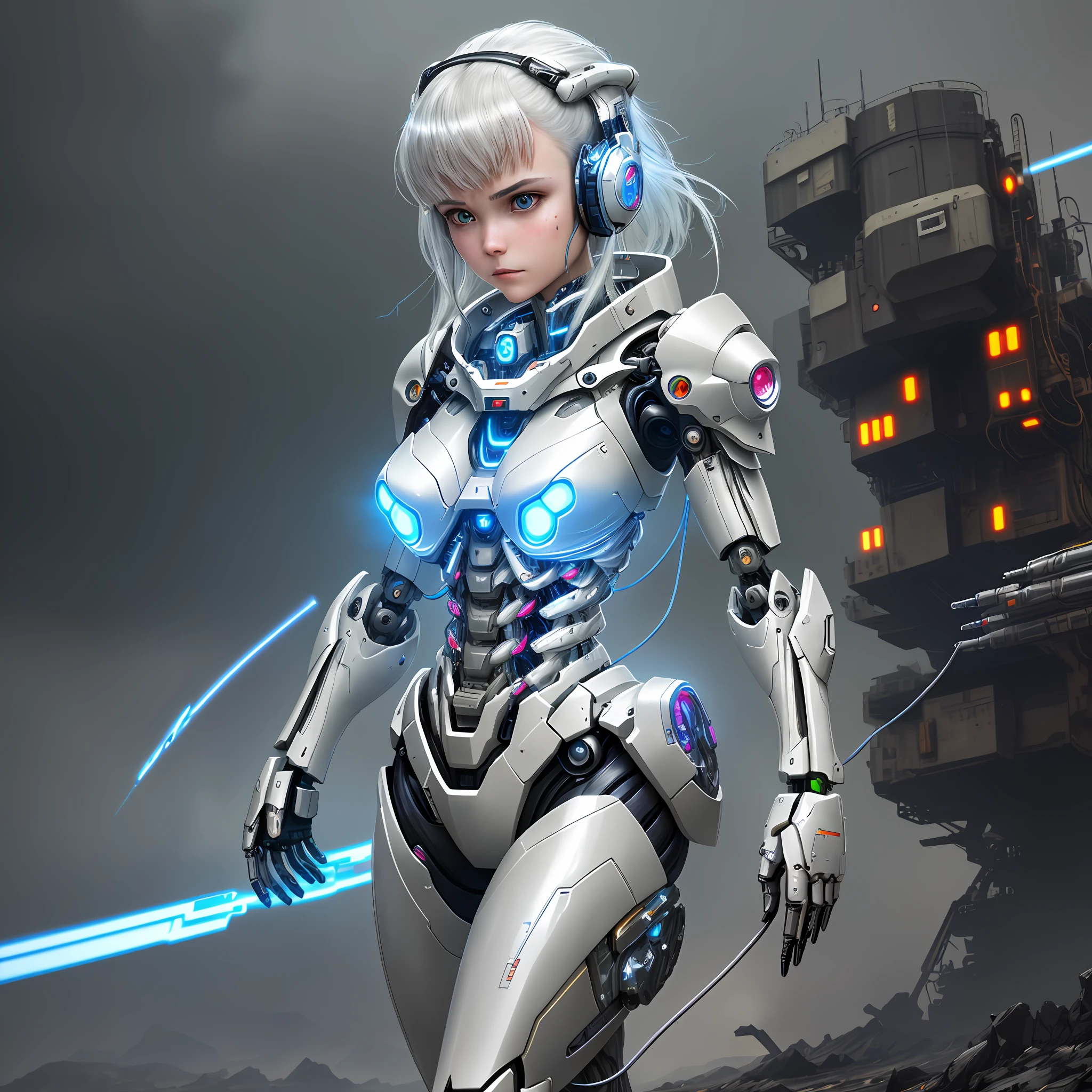 (official art, beautiful and aesthetic), (1girl:1.3), science fiction, (masterpiece, best quality, ultra detailed), complex 3d render ultra detailed of a beautiful porcelain profile woman, (white and silver cybernetic implants), (fractal art:1.1),(colored electronic cables and chips:1.3), (full of optical fiber cables that are wired in the implanted parts in the body covered translucent metallic skin:1.5),
manga influence, gun, mecha girl, full armor, ((mechanical limbs)), expressionless, biomechanical, (tired and sleepy face:0.1), dark and rainy post-apocalyptic battleground:1.3, (fire and flying ashes around background:1.2), cyberpunk, dynamic pose in a battleground:1.3, cowboy shot, headset with mic,
big breasts, ultra realistic:1.4