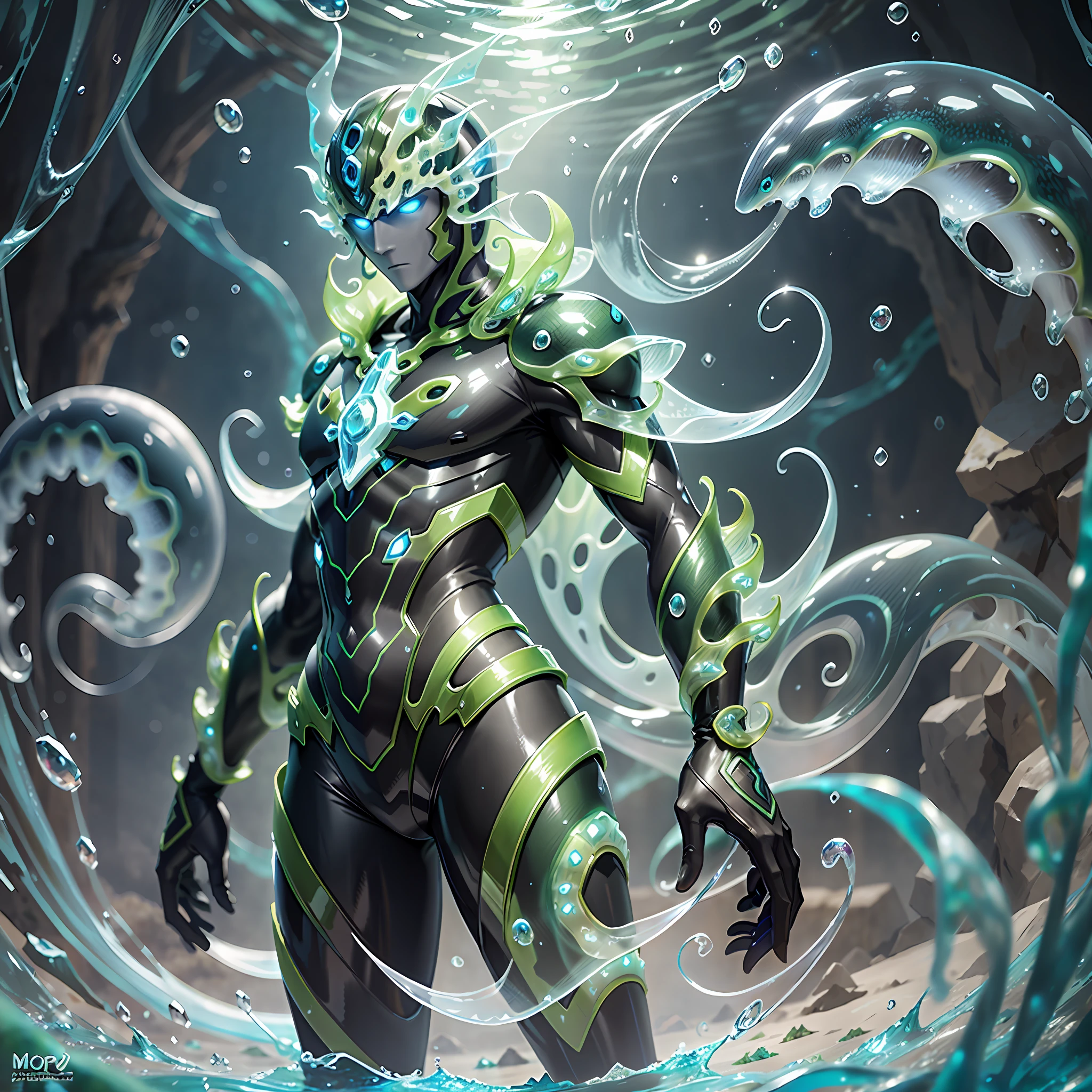 Morpha has a gelatinous, translucent body with sinuous tentacles that extend in all directions. His eyes glow with a mysterious light and his appearance changes constantly, adapting to the aquatic environment in which he finds himself.