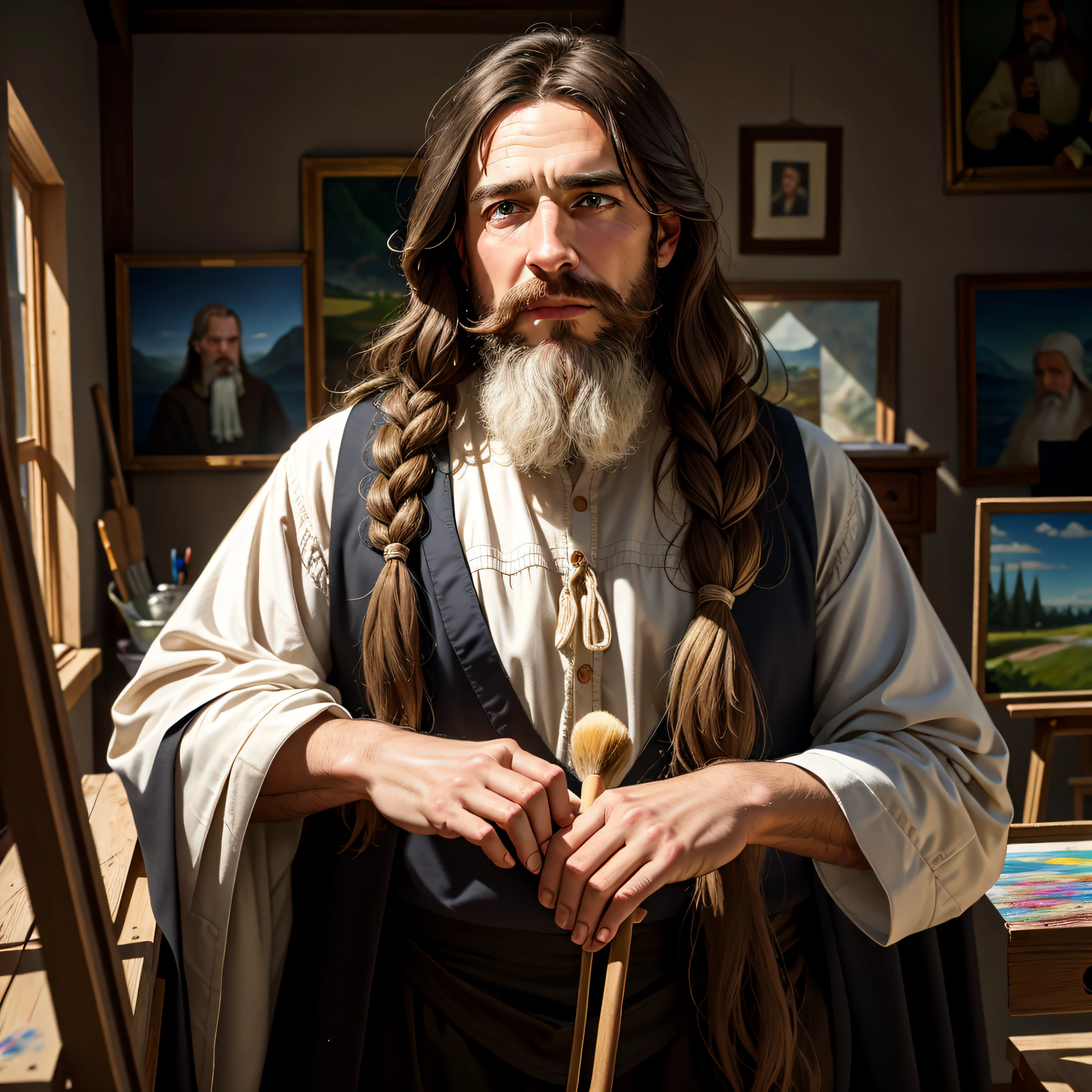 (8k) (HDR) natural light (masterpiece) There is a hunched man looking towards a painting, he is holding a brush with an expression of curiosity (brown eyes) (detailed skin), white man, 35 years old, big mustache, long hair, clothes of the middle ages, artist, (environment) he is in an art studio, depth of field, diffuse lighting. expressive, 8k