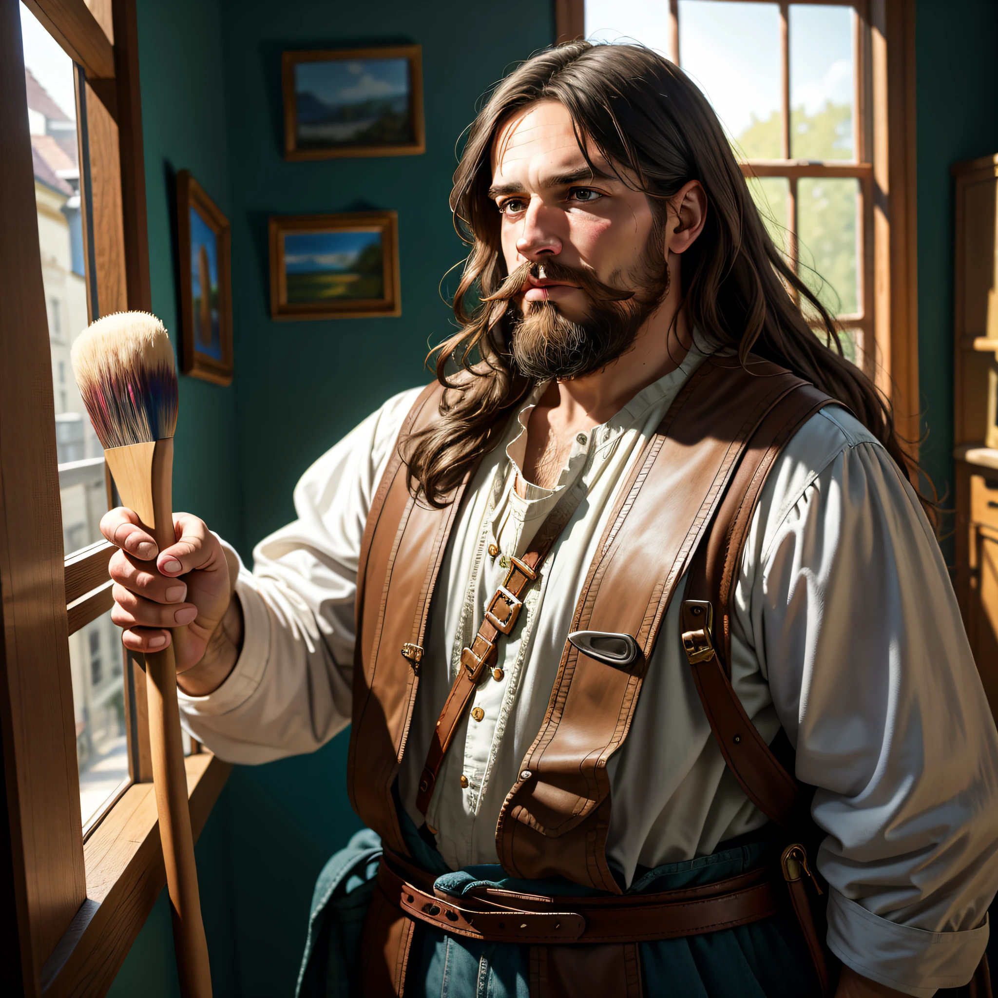 (8k) (HDR) natural light (masterpiece) There is a hunched man looking towards a painting, he is holding a brush with an expression of curiosity (brown eyes) (detailed skin), white man, 35 years old, big mustache, long hair, clothes of the middle ages, artist, (environment) he is in an art studio, depth of field, diffuse lighting. expressive, 8k