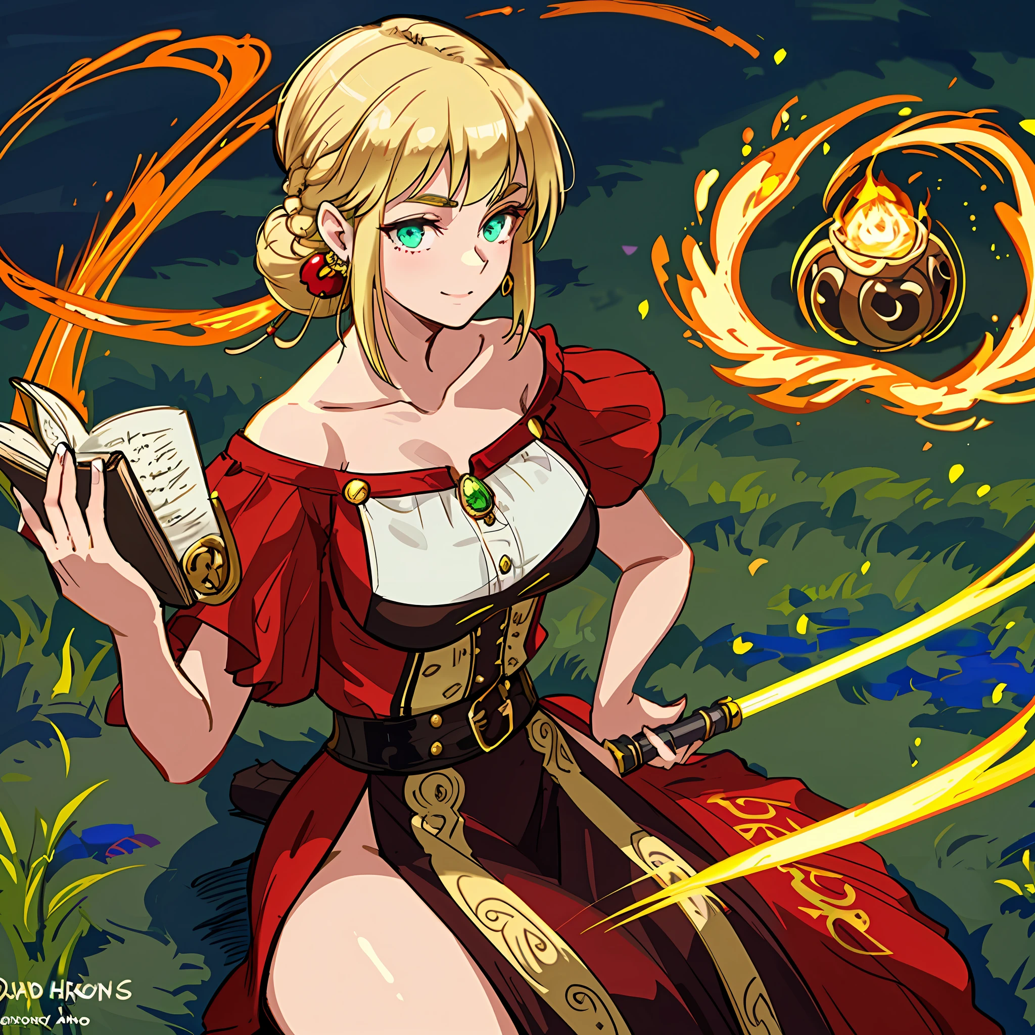 Extremely beautiful character in photo pose looking at camera she wears a new outfit and she has an attractive sexy body big boobs her eyes are green her hair is blonde her face is delicate her eye is striking she is sitting in the very detailed scenery full of flowers and animals back the day is beautiful the gradients maximum realistic quality best rate impossible put buttons on her clothes embroidered folds her outfit it's red, black and yellow in her hand, she's holding a magic wand, and in the other hand she's holding a magic book, she's with the highly happy expression, put particles of glow around her the color yellow, make her extremely detailed in 4K on top of her left breast, has a symbol of a dragon as a tattoo, she wears gold earrings, one of her eyebrows has a light sword cut; that is healing