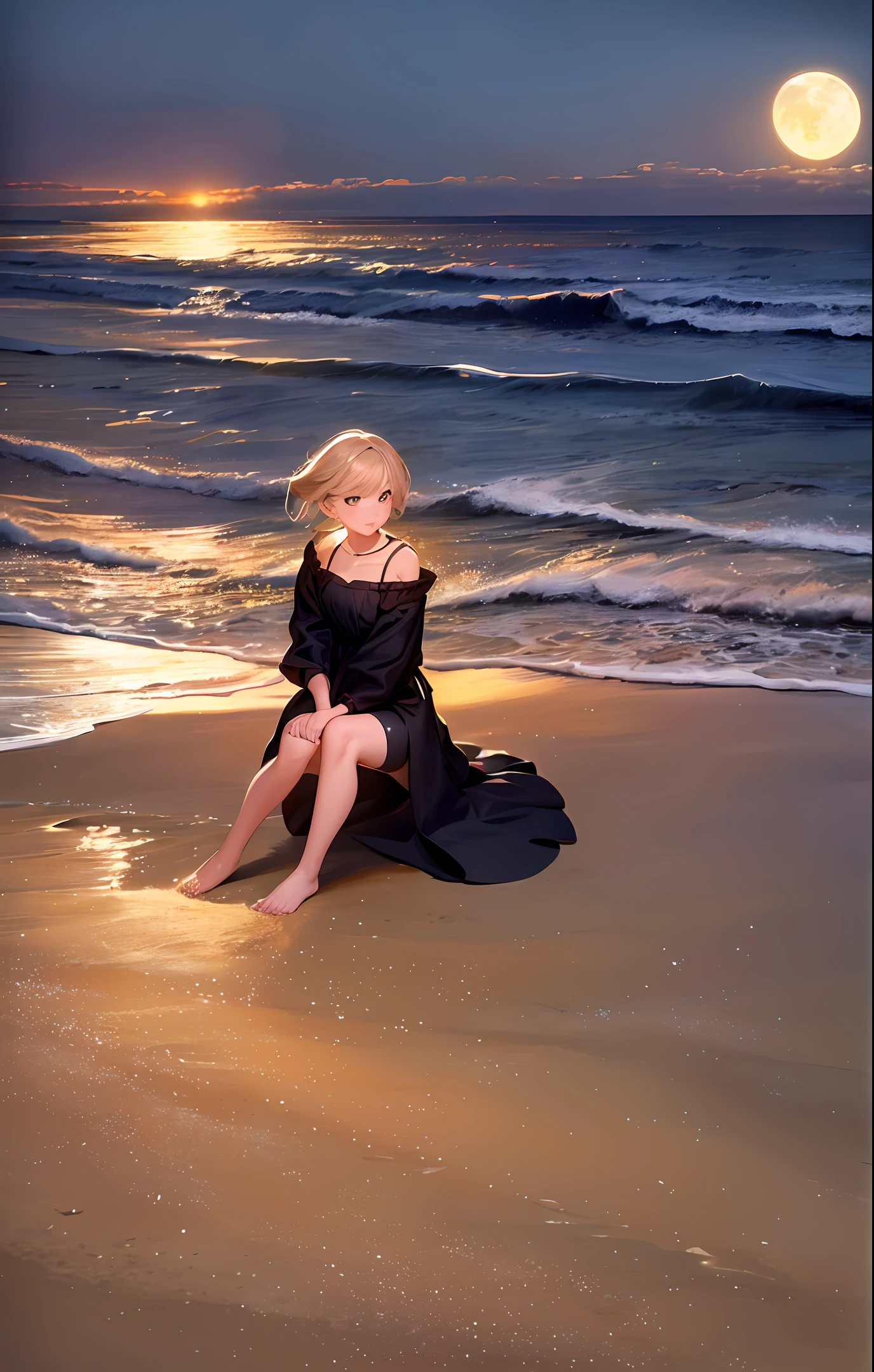 On a beach, sitting on the sand, looking toward the sea, a girl on her back illuminated by the light of the moon that touches the sea, the light reflects the waves on the horizon;