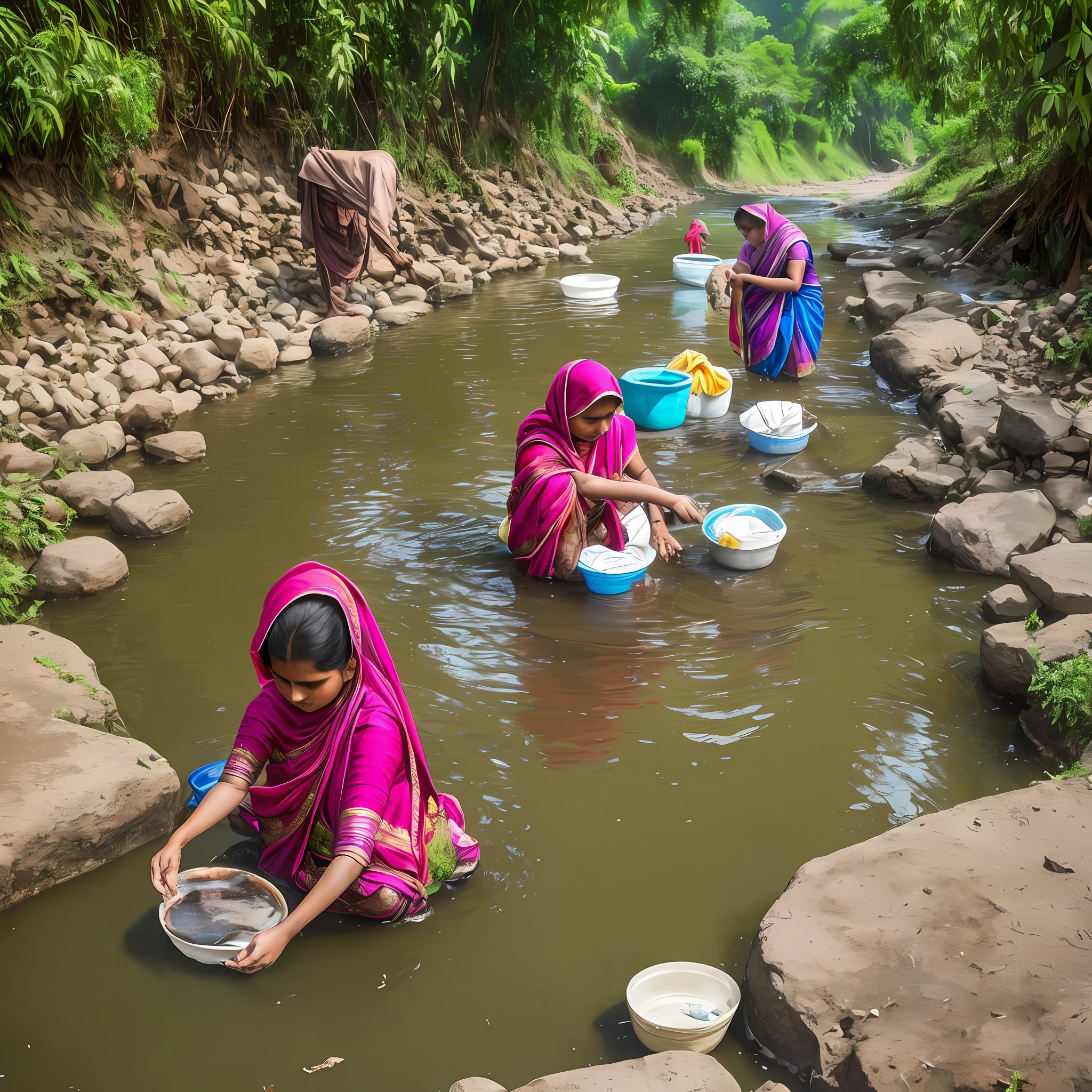 women in India, washing clothes in a river, realistic. High resolution --auto --s2