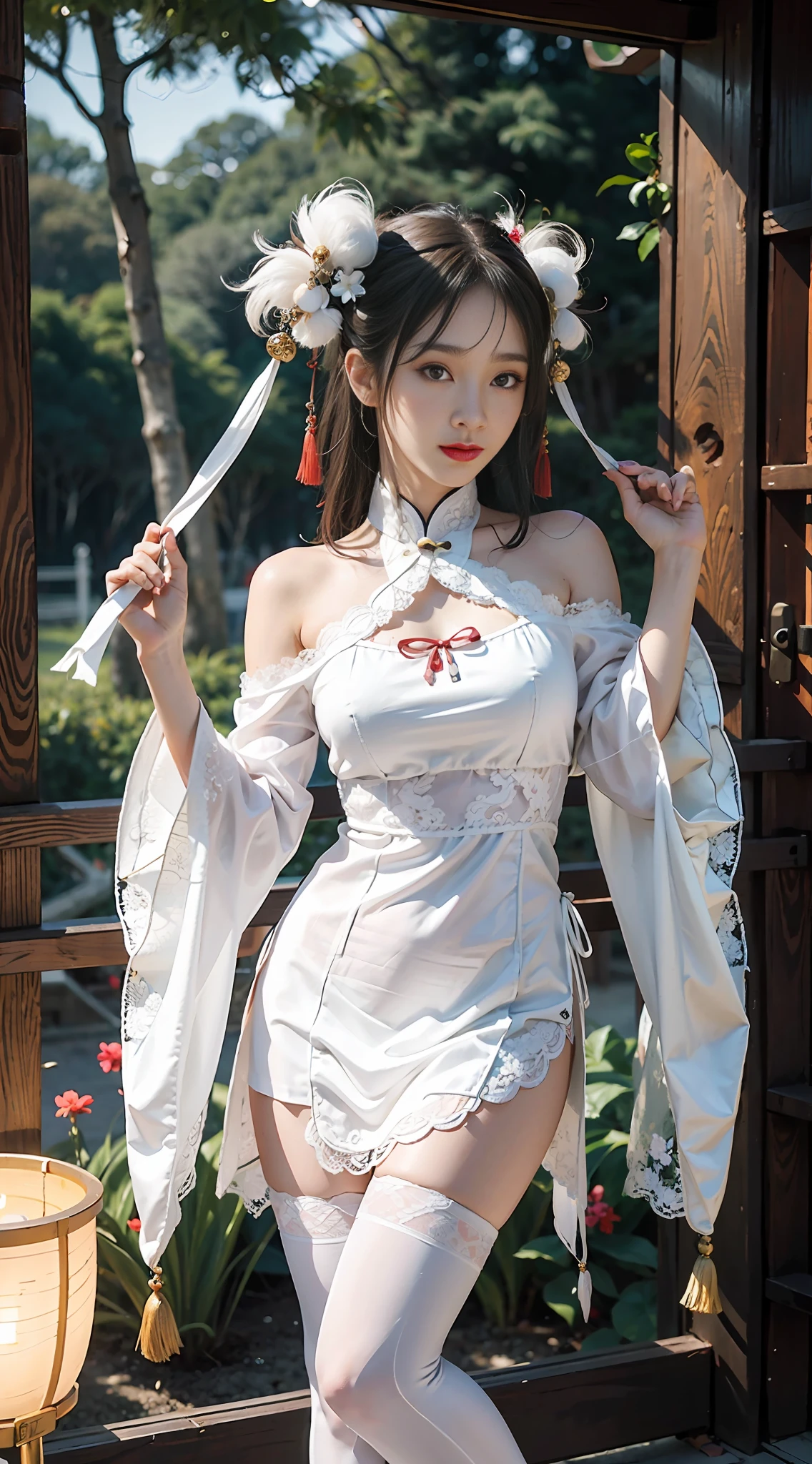 ulzzang-6500-v1.1, (raw photo:1.2), (photorealistic:1.4), beautiful and detailed girl, very detailed eyes and face, beautiful detailed eyes, absurd, incredibly ridiculous, huge file size, super detailed, high resolution, very detailed, best quality, masterpiece, kemomimi, ((Chinese woman wears Hanfu, silk, lace)), wears Chinese Hanfu, (((White Stockings)) lively pose, facing the audience, a Chinese dragon flying on the back of the character, sword dancing, illustration, very detailed, viewer perspective, CG, unity, 8k wallpaper, amazing, fine details, masterpiece, best quality, very detailed CG unified 8k wallpaper, face light, movie lighting, 1girl, full body, sexy, bare shoulder