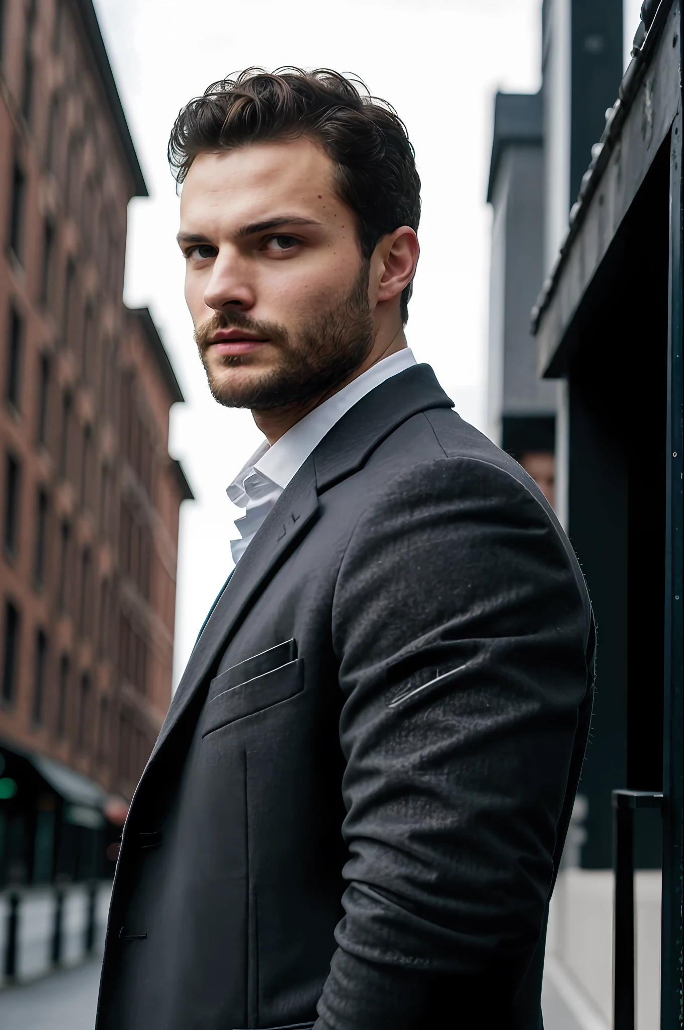 create a ceo), wearing dark gray social overcoat, strong and muscular, Jamie Dornan, strong and muscular, (brunette with model face), wearing dark beard, dark short hair, man similar to actor jamie dornan, (high quality and realistic image), city background, cinematic style, ((Best quality, 8k, Masterpiece).