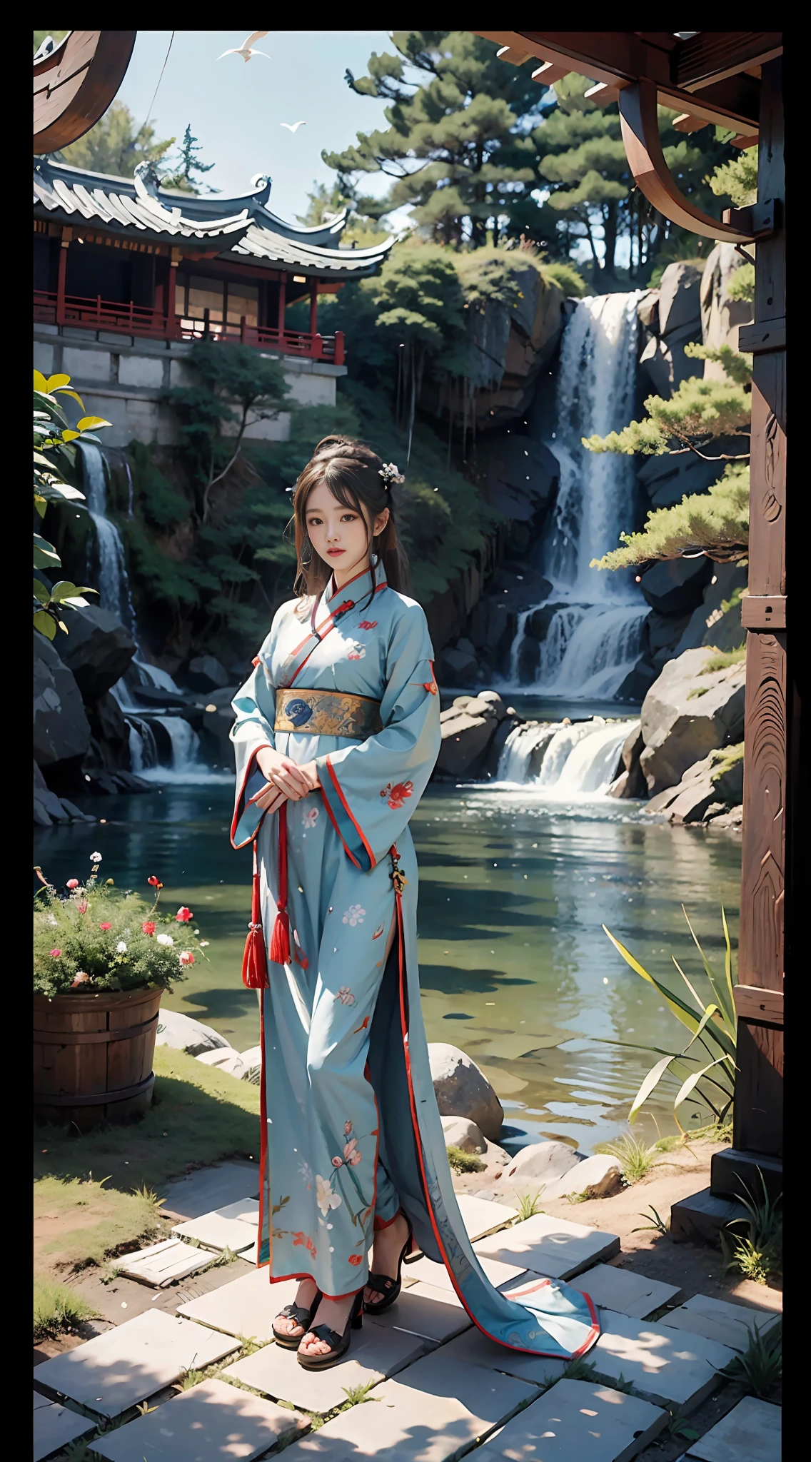 1 girl,solo,full body,female focus,detailed face,chinese clothing, hanfu,East Asian architecture,scenery,moon,sky,flying birds,waterfall,outdoors,(Masterpiece, best quality, very detailed CG, complex details: 1.2), .