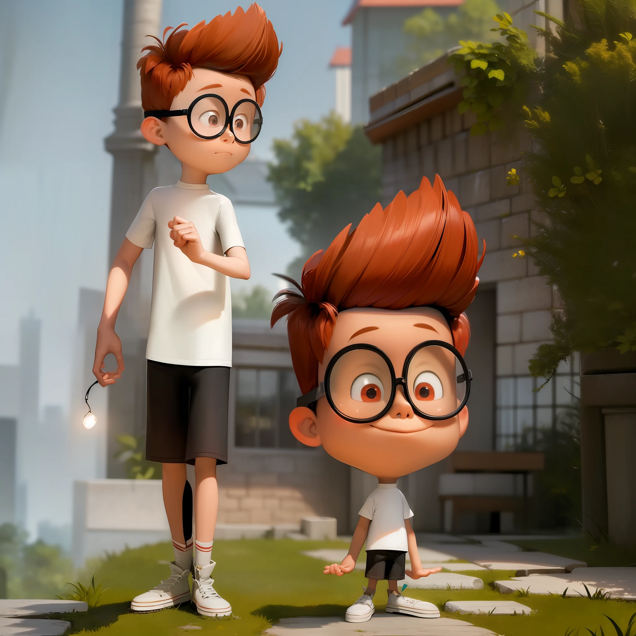 ((masterpiece, best quality)),(complex light), 1boy, full body, solo,child, sherman,red hair,glasses, white shirt, black shorts, walking,