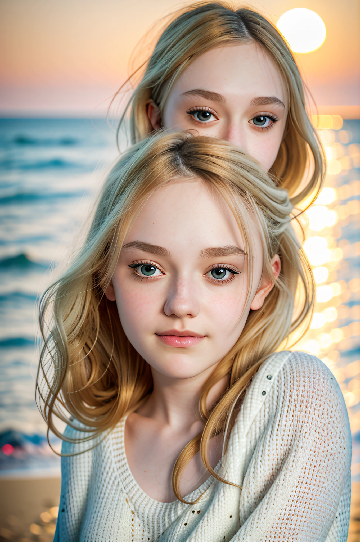 a beautiful woman, on the beach at midnight, white knitted sweater, waves in the background, moonlight, raw, 8k, uhd, upper body, (close up, headshot), [smiling]