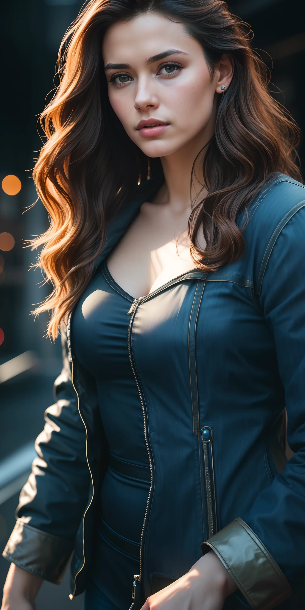 Full face portrait photo of a 25-year-old European girl, RAW, beautiful woman, semi-open strawberry lips, dimples, wistful look, (extra long wavy brown hair), ((detailed face)), ((detailed facial features)), (finely detailed skin), pale skin, (deep neckline detailed high-tech cyberpunk dress), cyberpunk megacity environment, (cool colors), damp, damp, reflections, (masterpiece) (perfect proportion)(realistic photo)(best quality) (detailed) shot on a Canon EOS R5, 50mm lens, F/2.8, HDR, (8k) (wallpaper) (cinematic lighting) (dramatic lighting) (sharp focus) (intricate), RAW photo, RAW photo, gigachad photo, posing for camera, black jeans, back arms, 8k uhd, dslr, high quality, grain film, Fujifilm XT3, film stock photography 4 kodak portra 400 camera f1.6 lens rich colors hyper realistic texture dramatic lighting unrealengine trend in artstation cinestill 800 tungsten, toughboy style, ultra focus face, intimidating, in fighting position, short messy hair, muscular, bursting veins, beaded