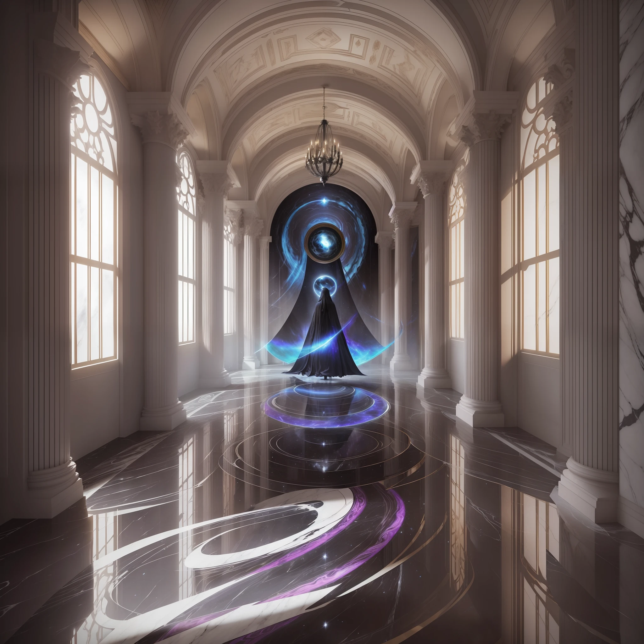 (style: Realism + Fantasy), (A very beautiful cloak is floating in the middle of the hall, inside the cloak it is black in color, but on the outside it appears to be a mirror illustrating the galaxy.) (Setting: A large marble hall, with large marbled columns),