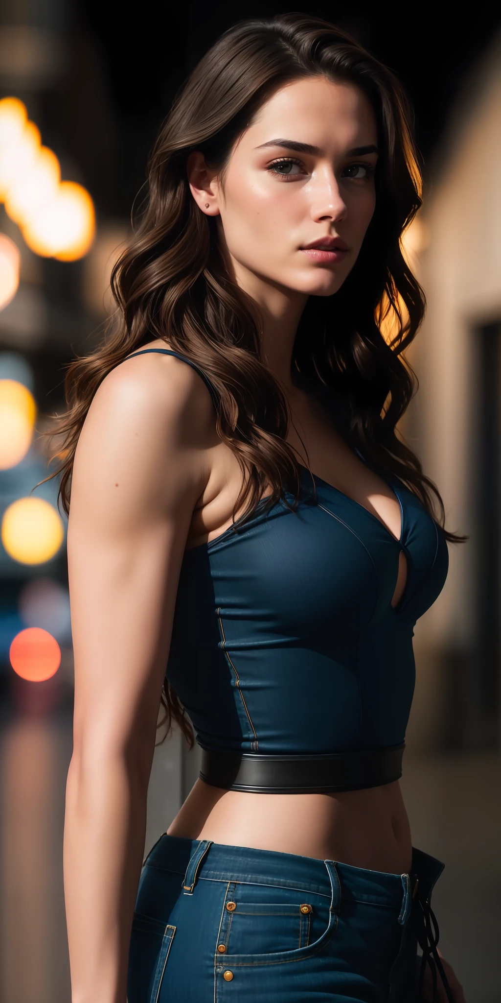 Full face portrait photo of a 25-year-old European girl, RAW, beautiful woman, semi-open strawberry lips, dimples, wistful look, (extra long wavy brown hair), ((detailed face)), ((detailed facial features)), (finely detailed skin), pale skin, (deep neckline detailed high-tech cyberpunk dress), cyberpunk megacity environment, (cool colors), damp, damp, reflections, (masterpiece) (perfect proportion)(realistic photo)(best quality) (detailed) shot on a Canon EOS R5, 50mm lens, F/2.8, HDR, (8k) (wallpaper) (cinematic lighting) (dramatic lighting) (sharp focus) (intricate), RAW photo, RAW photo, gigachad photo, posing for camera, black jeans, back arms, 8k uhd, dslr, high quality, grain film, Fujifilm XT3, film stock photography 4 kodak portra 400 camera f1.6 lens rich colors hyper realistic texture dramatic lighting unrealengine trend in artstation cinestill 800 tungsten, toughboy style, ultra focus face, intimidating, in fighting position, short messy hair, muscular, bursting veins, beaded