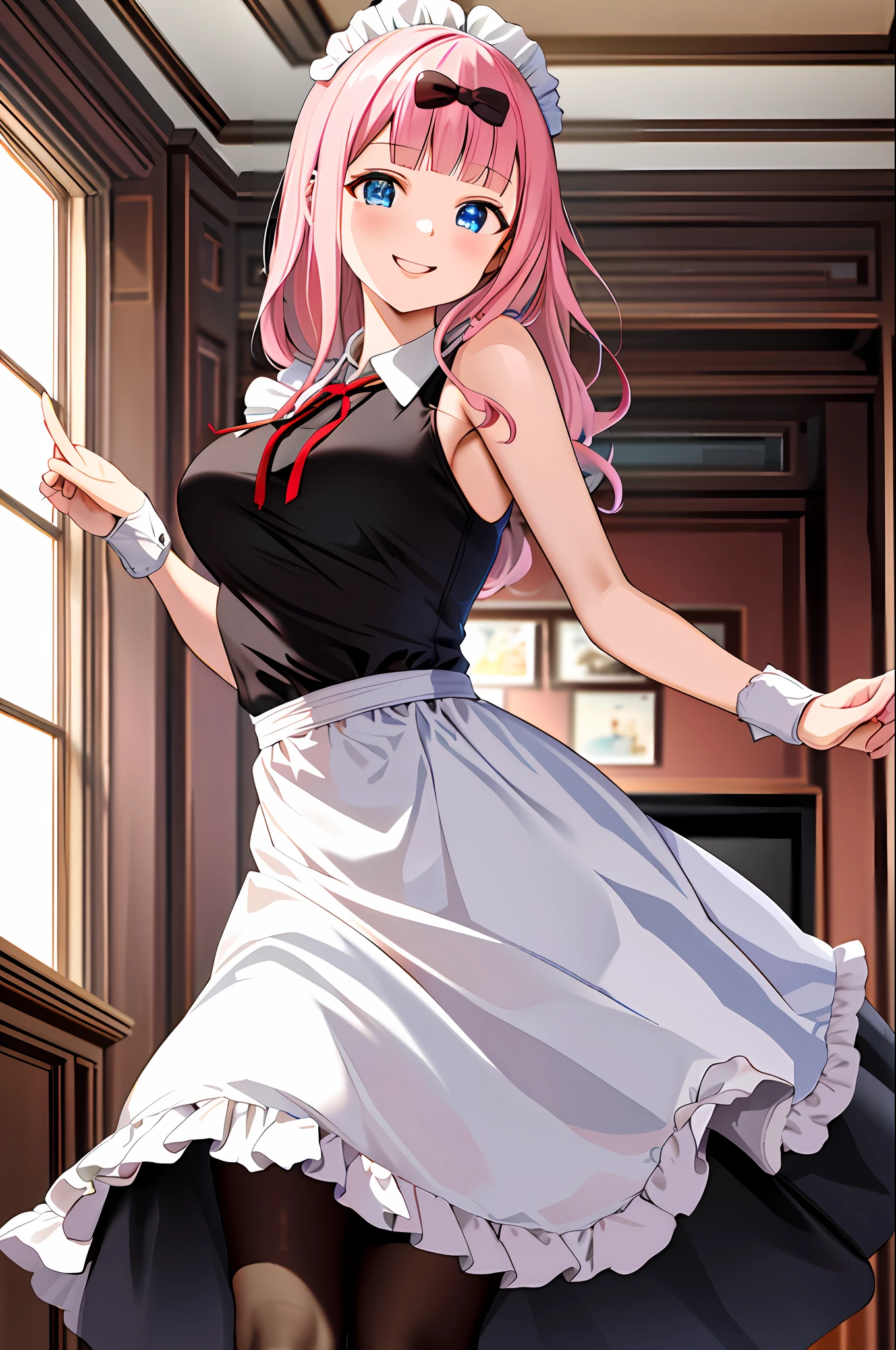 masterpiece, best quality, highres, chika1, fujiwara chika, maid dress, breasts, red ribbon, blunt bangs, large breasts, cowboy shot, smile, indoors, sexy pose, breast out, 2 arms, perfect finger, maid, meidofuku,