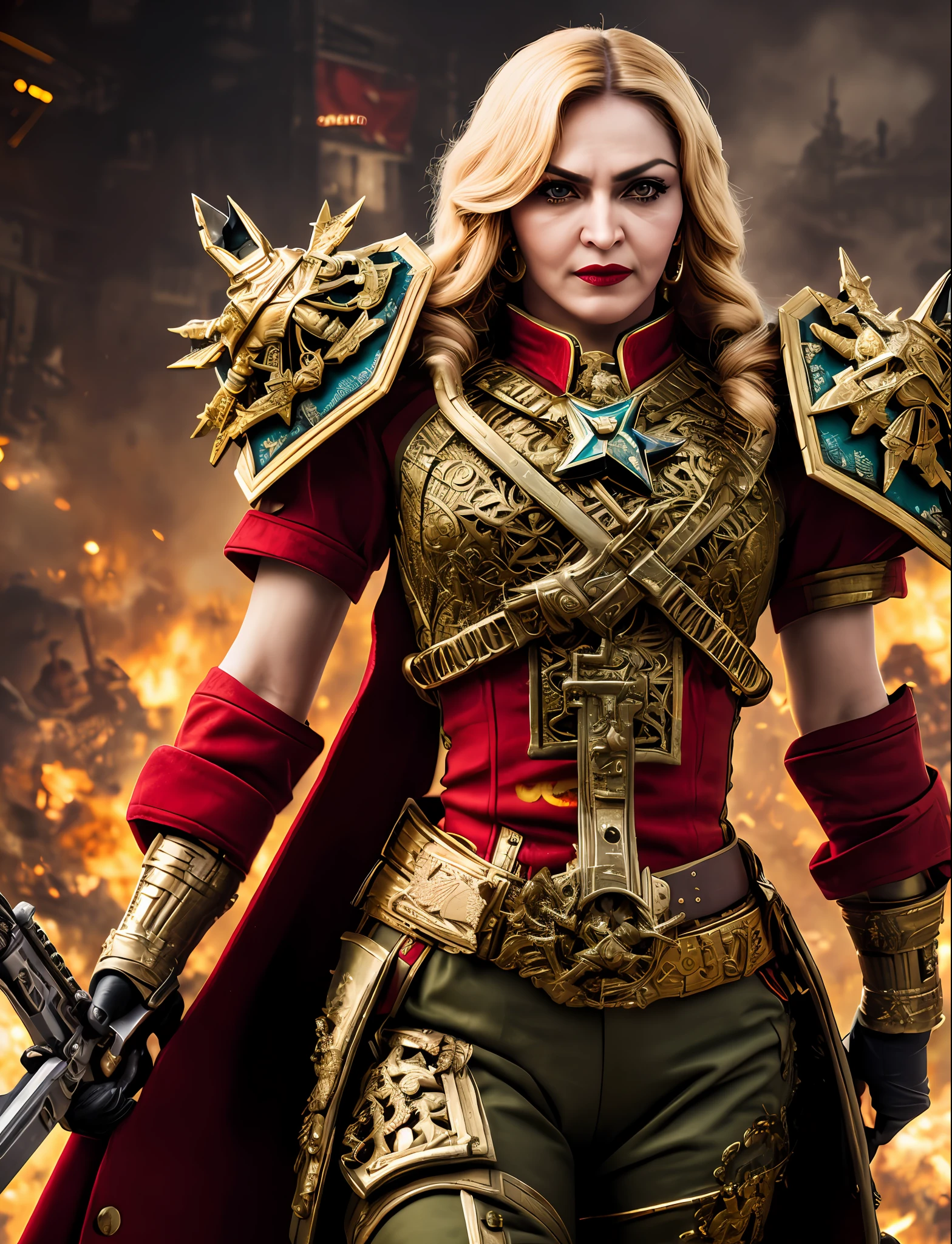 Commissar Madonna, Warhammer 40000, angry, sadistic, battle, fight, ((intricate details)), detailed eyes, hdr, ((intricate details, hyperdetailed)), cinematic shot, vignette