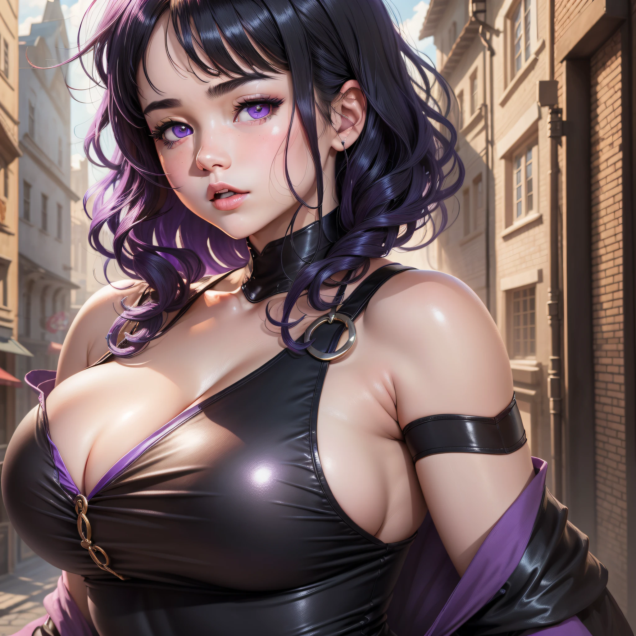 A Cute Girl with white skin, sexy young body, size (small), chubby, short hair (up to the shoulders) black and wavy [with shades of reds], purple eyes [shiny], bbwchan, big breasts, black clothes (yor forger costume), round face, realistic lighting, Radiosity, in a medieval city, Close Up.