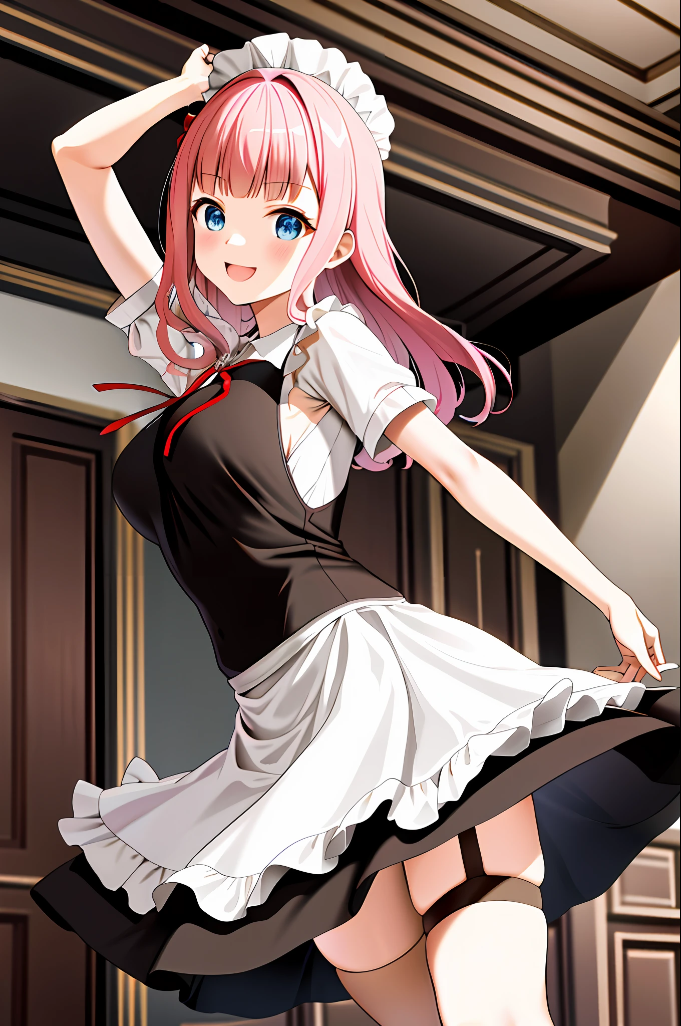 masterpiece, best quality, highres, chika1, fujiwara chika, maid dress, breasts, red ribbon, blunt bangs, large breasts, cowboy shot, smile, indoors, sexy pose, breast out, 2 arms, perfect finger, maid, meidofuku, black maid dress, appron, maid appron, mini skirt, garter strap, stocking,