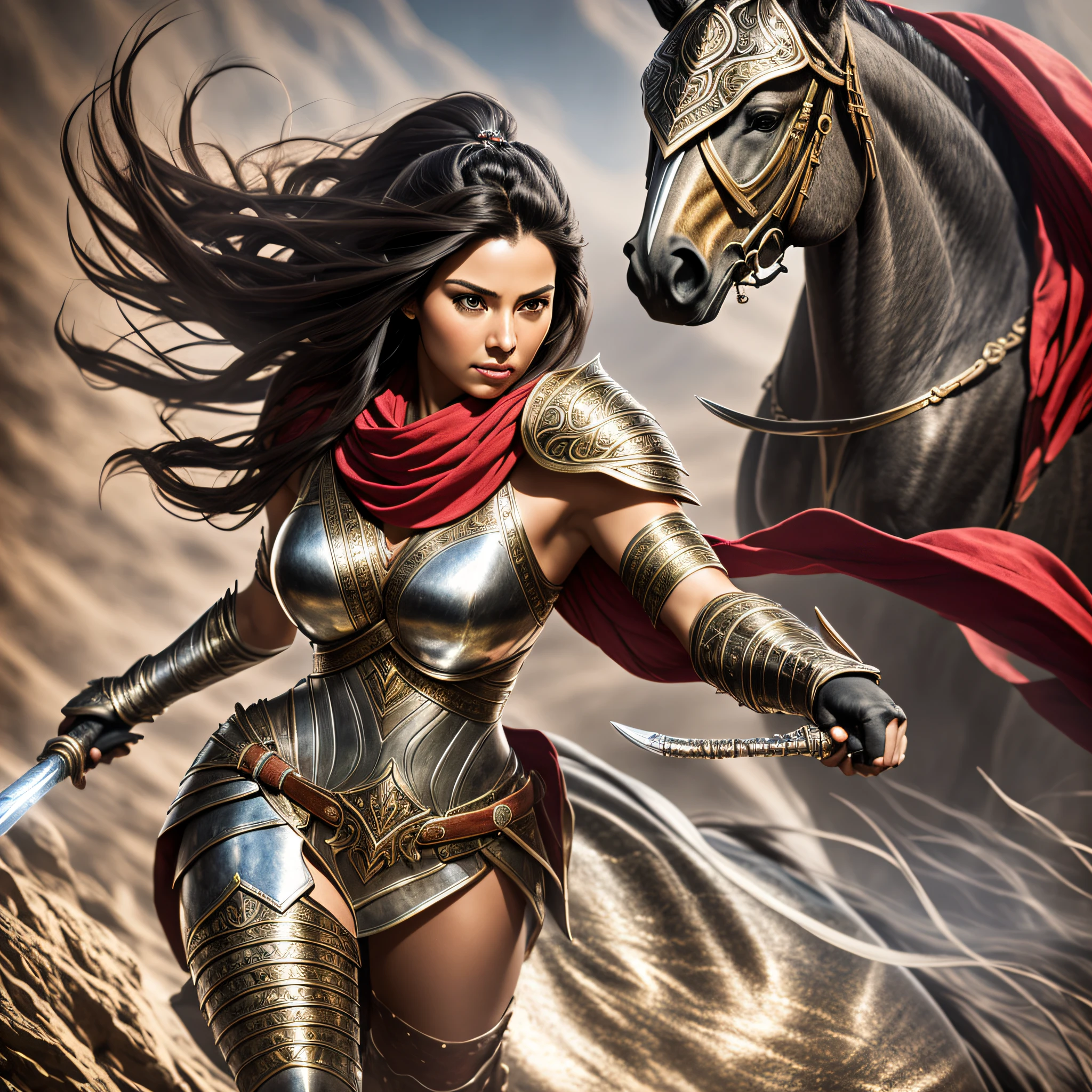 Photo RAW, a full-body portrait of a sexy Beautiful Warrior Dressed in her shiny bronze light armor. Torax with medium breasts . Abdomen exposed and thin. Flowing black hair riding in the hot desert on a vigorous black horse. A red scarf protected his nose and mouth. A long red cloak fluttered and blended with her hair. He held in his right hand a silver sword as a fist in the form of a flute. (highly detailed skin: 1.2), 8k uhd, dslr, soft lighting, high quality, film grain, Fujifilm XT3 --auto --s2