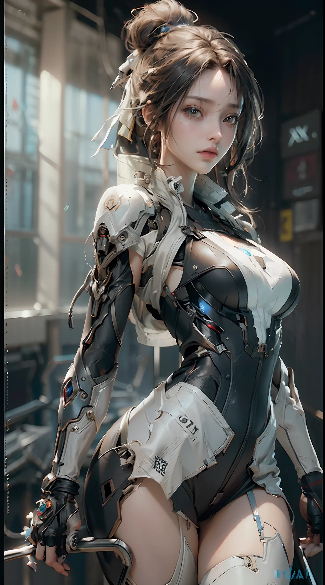 ((Best quality)), ((masterpiece)), (detailed:1.4), 3D, an image of a beautiful cyberpunk female,HDR (High Dynamic Range),Ray Tracing,NVIDIA RTX,Super-Resolution,Unreal 5,Subsurface scattering,PBR Texturing,Post-processing,Anisotropic Filtering,Depth-of-field,Maximum clarity and sharpness,Multi-layered textures,Albedo and Specular maps,Surface shading,Accurate simulation of light-material interaction,Perfect proportions,Octane Render,Two-tone lighting,Wide aperture,Low ISO,White balance,Rule of thirds,8K RAW,