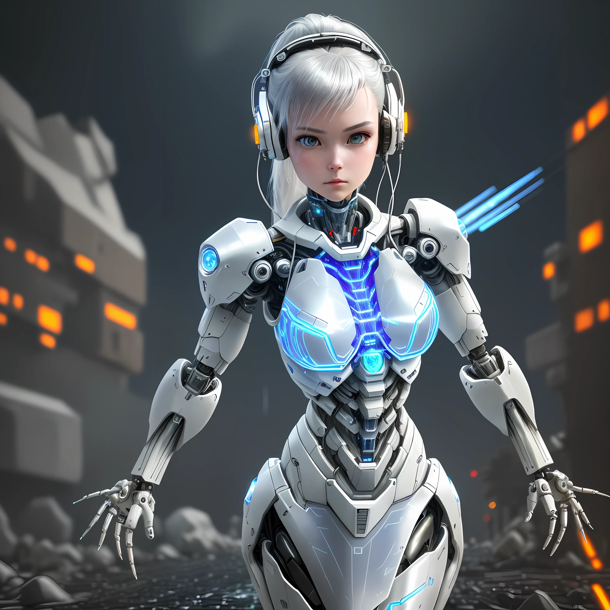 (official art, beautiful and aesthetic), (1girl:1.3), science fiction, (masterpiece, best quality, ultra detailed), complex 3d render ultra detailed of a beautiful porcelain profile woman, (white and silver cybernetic implants), (fractal art:1.1),(colored electronic cables and chips:1.3), (full of optical fiber cables that are wired in the implanted parts in the body covered translucent metallic skin:1.5),
manga influence, gun, mecha girl, full armor, ((mechanical limbs)), expressionless, biomechanical, (tired and sleepy face:0.1), dark and rainy post-apocalyptic battleground:1.3, (fire and flying ashes around background:1.2), cyberpunk, dynamic pose in a battleground:1.3, cowboy shot, headset with mic,
big breasts, ultra realistic:1.4