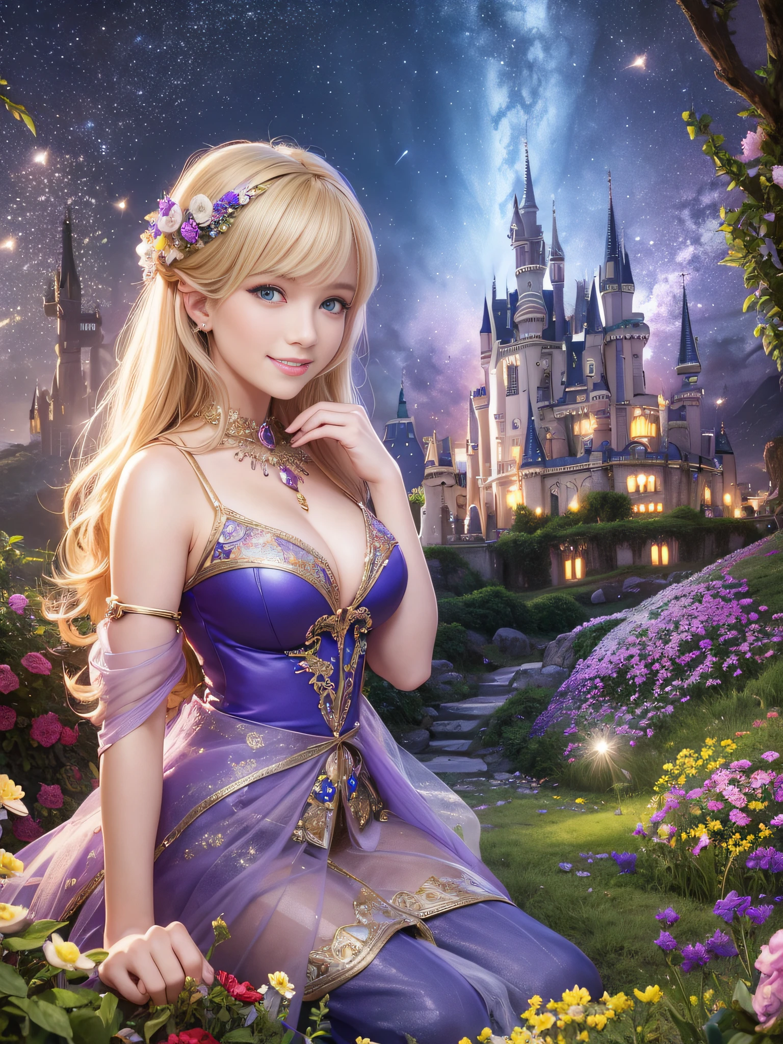 1woman, (smile, teeth), fairy tale world, beautiful princess, wearing beautiful dress, beautiful face, Beautiful smile, blond hair, blue eyes, open mouth, impressed by the wonderful scenery, never seen scenery, colorful world, giant castle, jungle, cave, night world, beautiful aurora spreads across the night sky, shining scenery, spectacular scenery, surprise, details of the fairy tale world, smile, dazzling light, unrealistic, fairy tale, fantasy, Mysterious world, dream world,  ((8k, RAW photo, highest quality, masterpiece), High detail RAW color photo professional photo, (realistic, photo realism:1. 37), (highest quality), (best shadow), (best illustration), ultra high resolution, highly detailed CG unified 8K wallpapers, physics-based rendering, cinematic lighting), High Pixel Density,