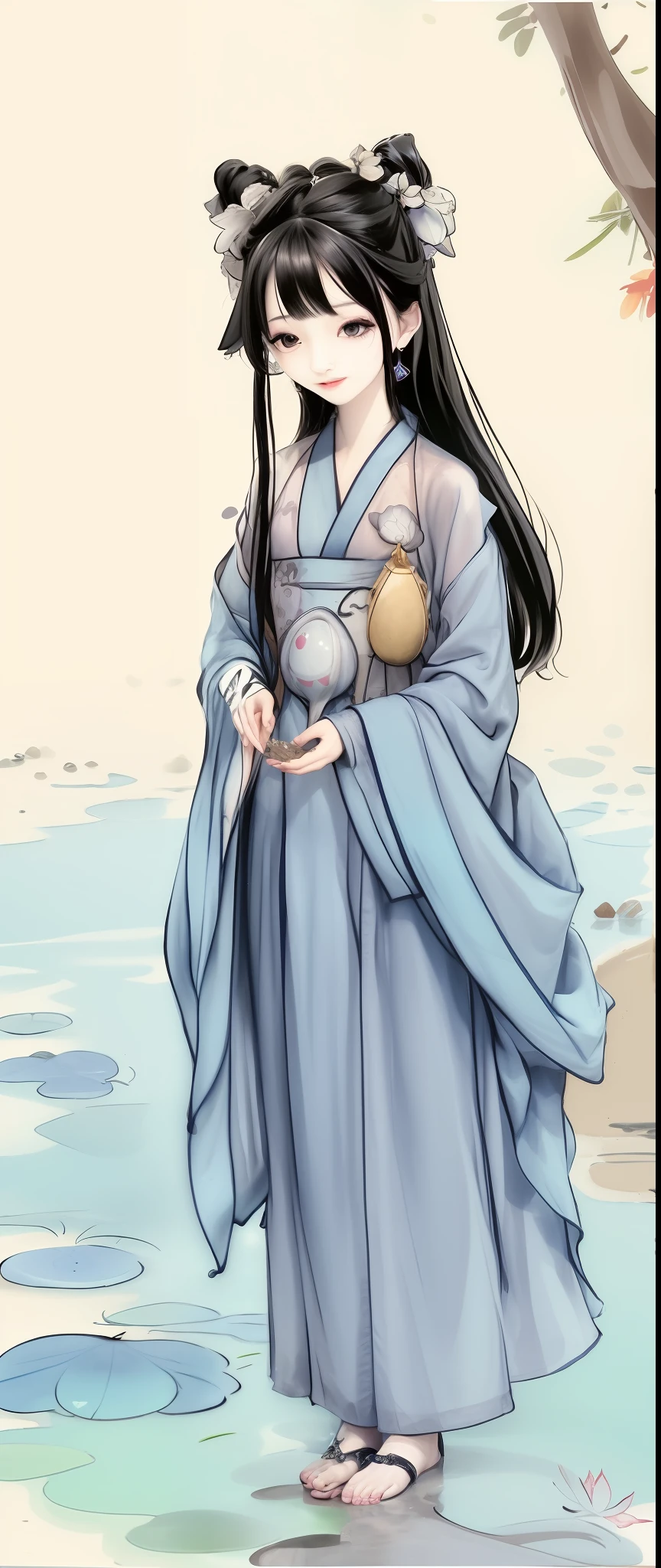 ((4k,masterpiece,best quality)), shuimobysim, traditional chinese ink painting, lotus, hanfu, maxiskit, dress conservatively
1girl, solo, long blue hair, smile, standing, feet in the water, barefoot,