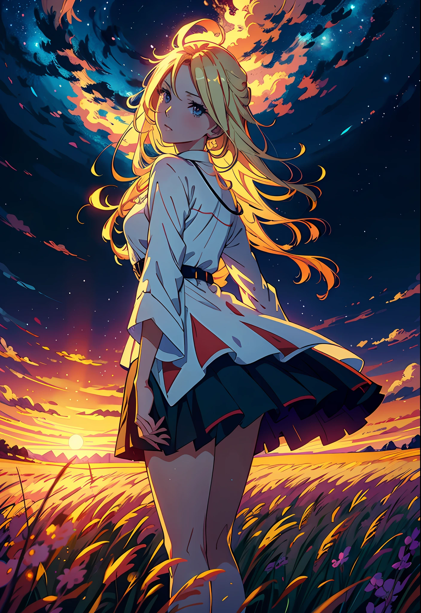 anime style painting of a woman walking in a field with a star in the sky, calm night. digital illustration, jen bartel, background artwork, 4 k hd illustrative wallpaper, anime background art, detailed sky, background art, low detailed. digital painting, detailed digital painting, anime art wallpaper 4 k, anime art wallpaper 4k, anime background, glowing clouds