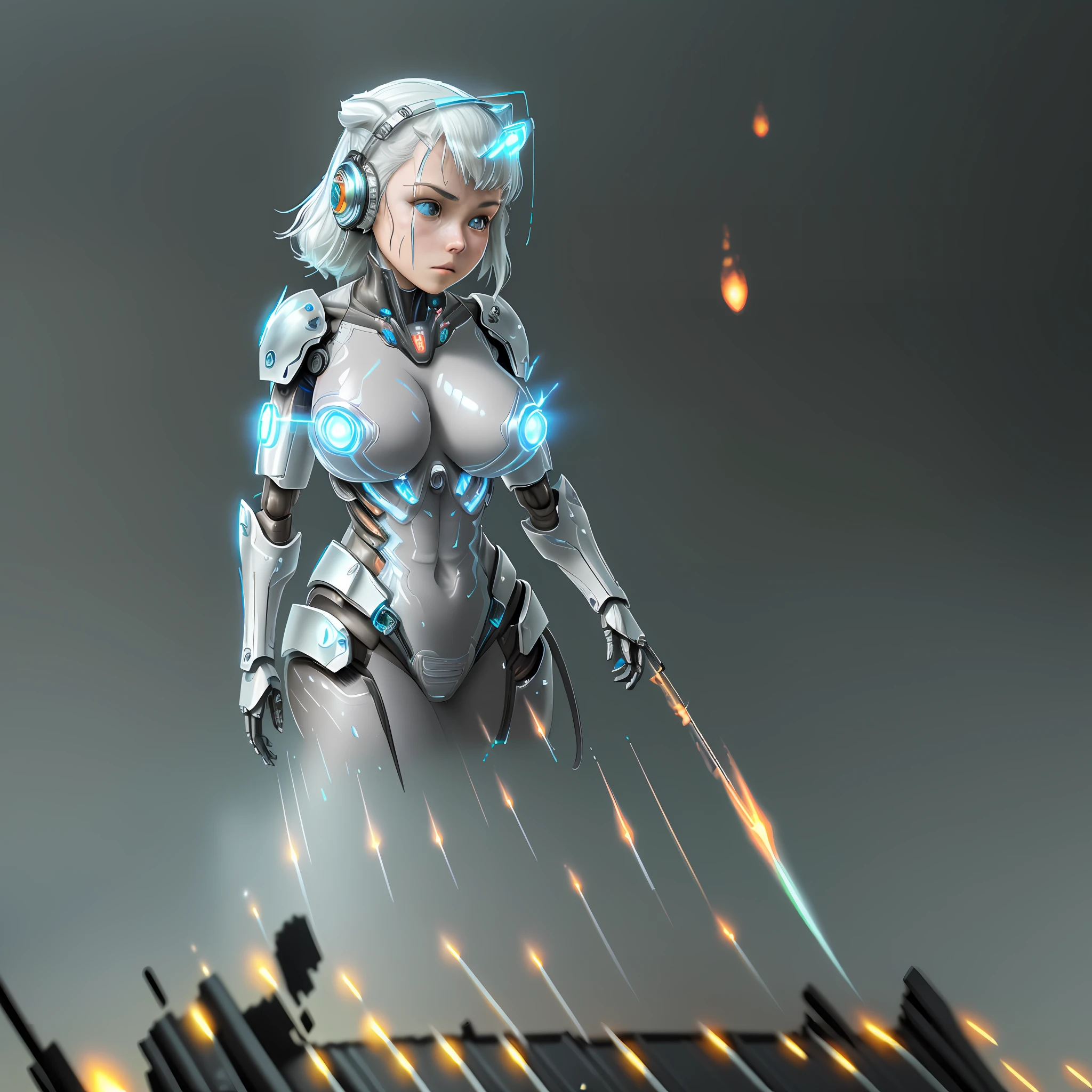 (official art, beautiful and aesthetic), (1girl:1.3), science fiction, (masterpiece, best quality, ultra detailed), complex 3d render ultra detailed of a beautiful porcelain profile woman, (white and silver cybernetic implants), (fractal art:1.1),(colored electronic cables and chips:1.3), (full of optical fiber cables that are wired in the implanted parts in the body covered translucent metallic skin:1.5),
manga influence, gun, mecha girl, full armor, ((mechanical limbs)), expressionless, biomechanical, (tired and sleepy face:0.1), dark and rainy post-apocalyptic battleground:1.3,  (fire and flying ashes around background:1.2), cyberpunk, dynamic pose in a battleground:1.3, cowboy shot, headset with mic,
big breasts, ultra realistic:1.4