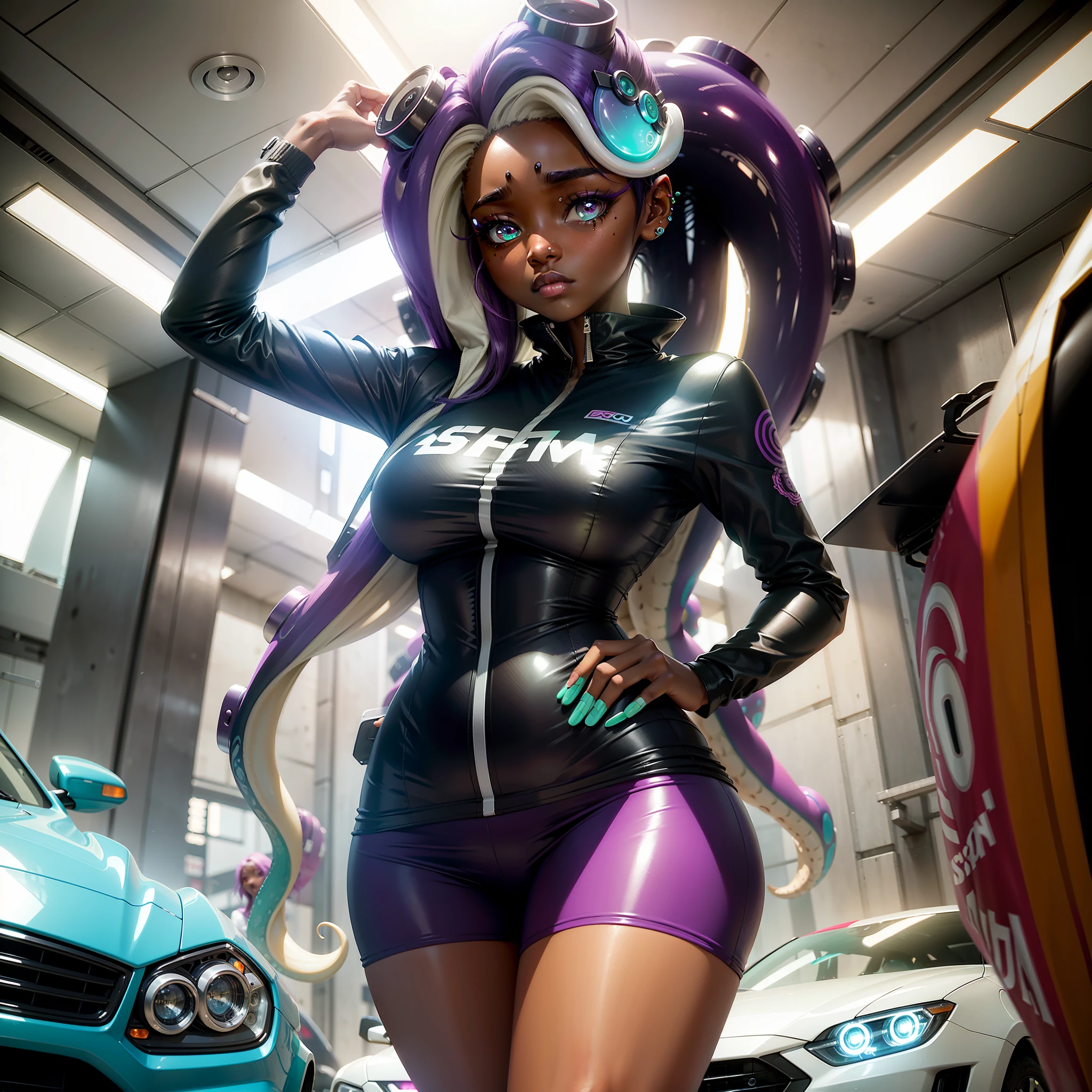 1girl, solo, tentacle hair, dark skin, dark-skinned female, piercing, octarian, mole under mouth, long hair, mole, full body, multicolored hair, pink pupils, purple hair, standing, cephalopod eyes, green eyes,looking at viewer, two-tone hair, legs apart, black hair, blush, aqua eyes, big breasts, very_dark_skin_girl, with a car, sports car, racer, suit, blue suit racer, sttanding, uniform, cute, petite, soft body, cute face, semi-chibbi