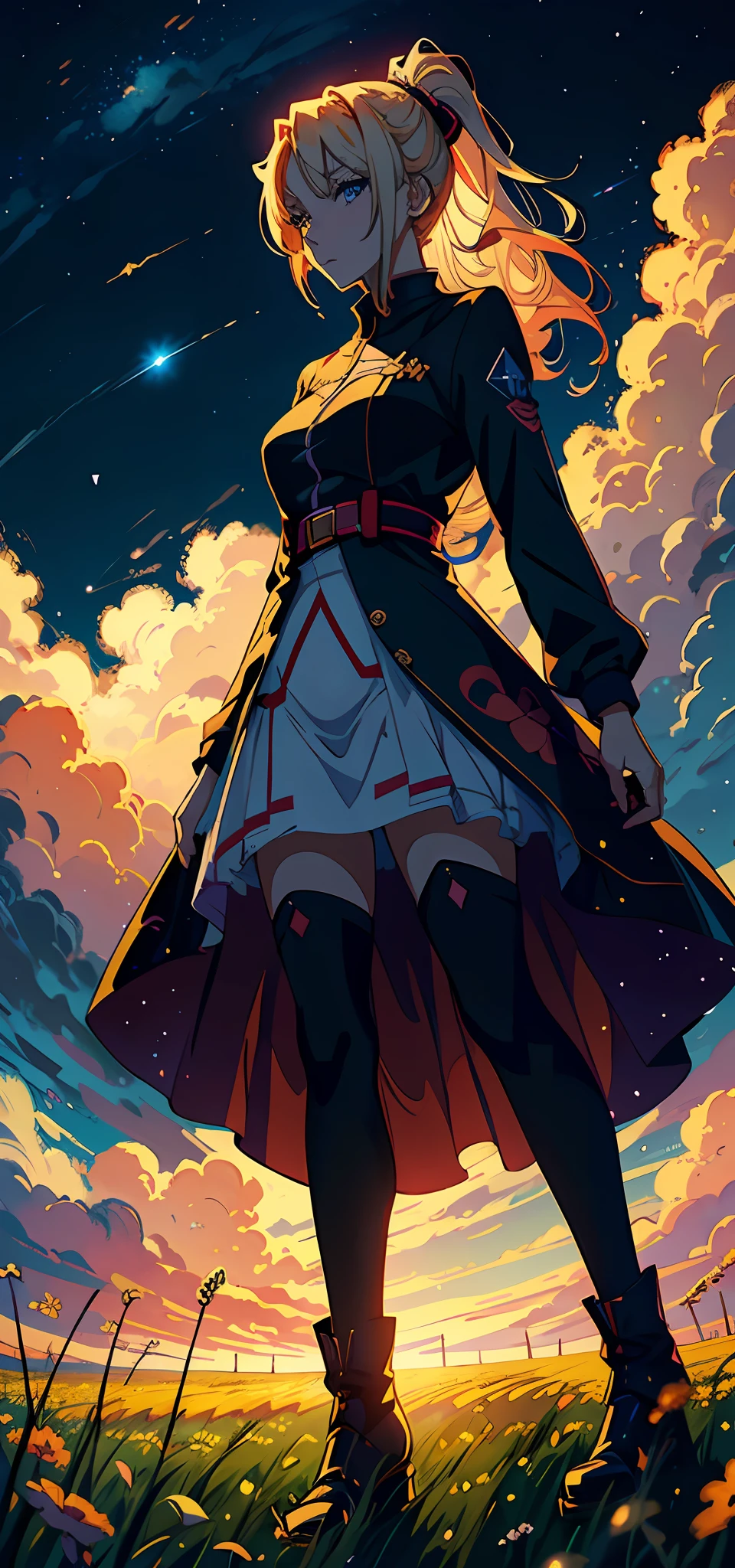 anime style painting of a woman walking in a field with a star in the sky, calm night. digital illustration, jen bartel, background artwork, 4 k hd illustrative wallpaper, anime background art, detailed sky, background art, low detailed. digital painting, detailed digital painting, anime art wallpaper 4 k, anime art wallpaper 4k, anime background, glowing clouds