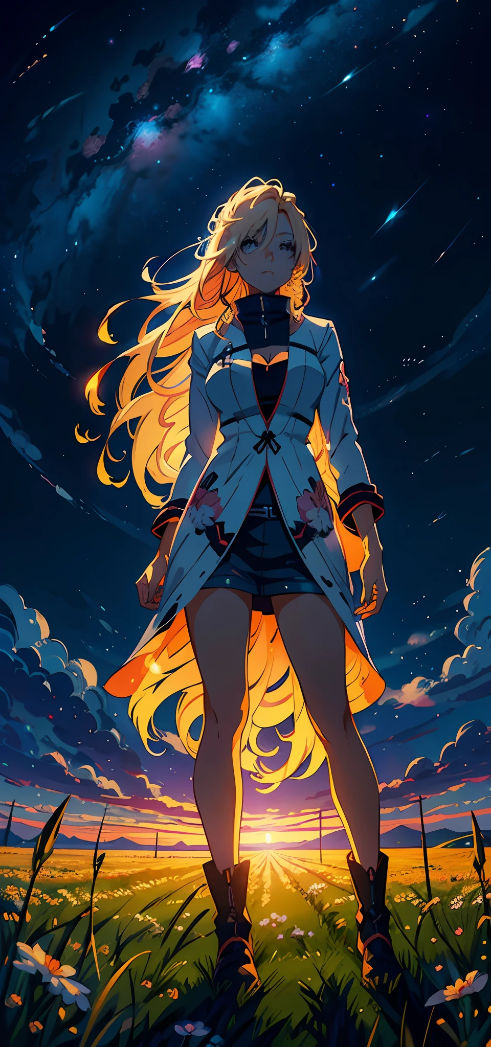 anime style painting of a woman walking in a field with a star in the sky, calm night. digital illustration, jen bartel, background artwork, 4 k hd illustrative wallpaper, anime background art, detailed sky, background art, low detailed. digital painting, detailed digital painting, anime art wallpaper 4 k, anime art wallpaper 4k, anime background, glowing clouds