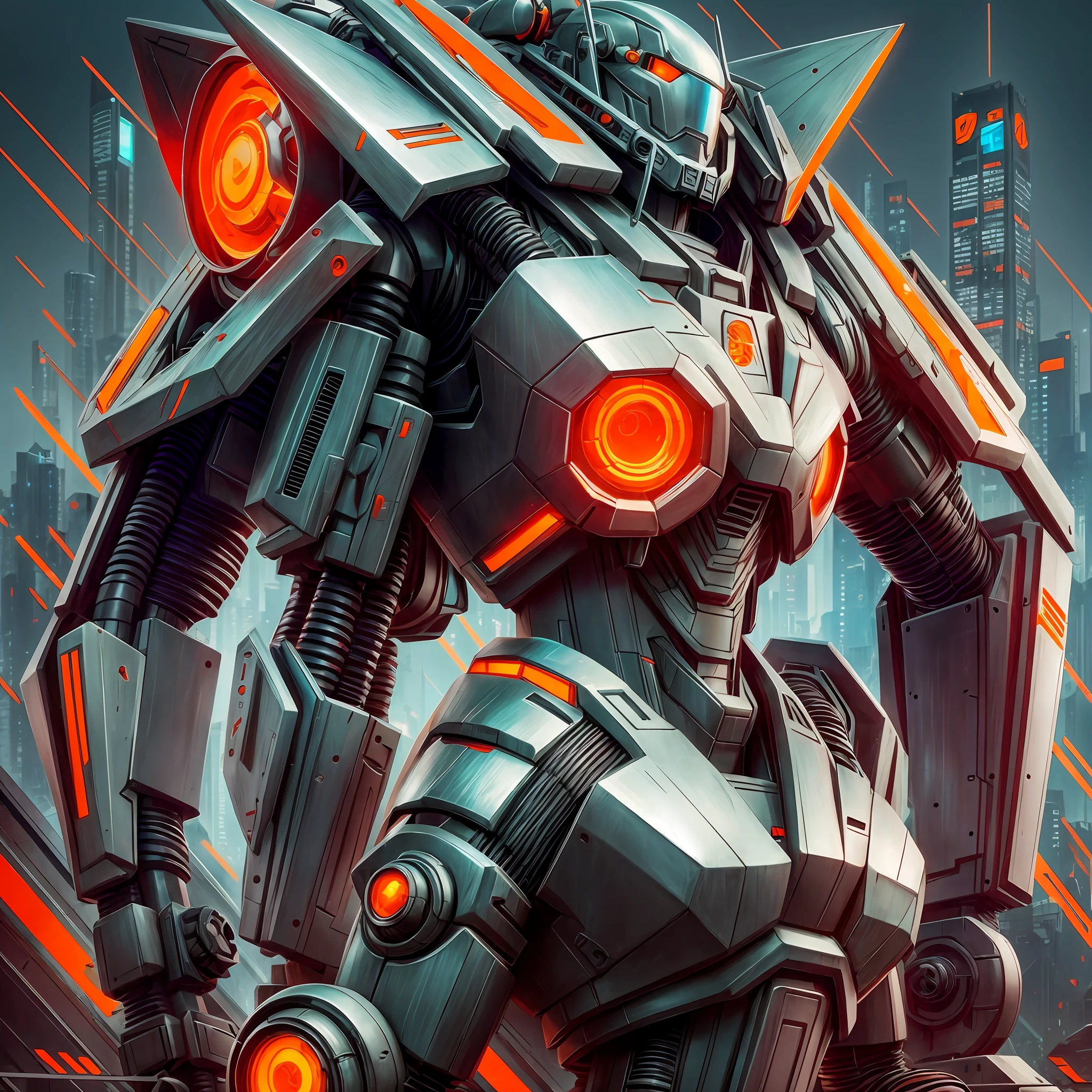 giant robot, Guweiz style art, omnibus-like, orange and black, mecha CyberPunk, Trends in CGSTATION, Guweiz, Russell Dongjun Lu, digital art cyberpunk anime, Ross Tran 8 K, Guweiz in ArtStation Pixiv., 4K, high details --auto --s2