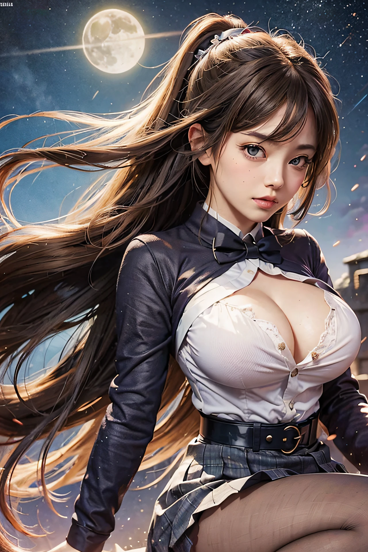 , chibi, huge breasts, , future Hadrian's Wall at night, , sense of depth, art nouveau, (school uniform: 1.1), , , , beauty, , brown, tsurime, thick, grimace, neckline, running, , bottomless ,, ,,(school uniform:1.2) , BREAK ,(larger:1.3),