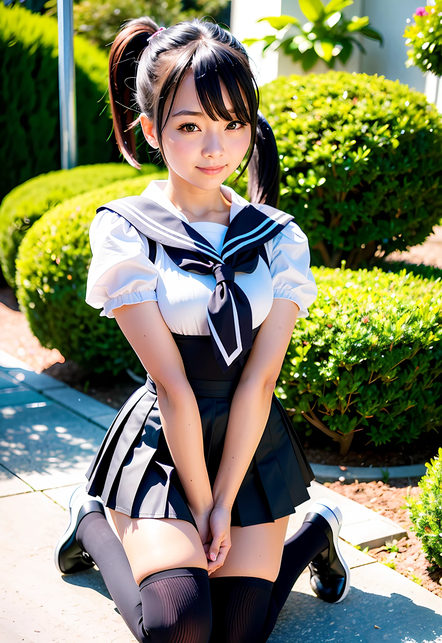 Top Quality, Ultra High Resolution, Cosplay Photo (Photorealistic: 1.4)
(1 girl in Japan), schoolgirl, idol,
((ponytail)), gray hair ribbon, hair bang, floating hair
big eyes, light smile,
Sailor uniform school uniform (((Sailor color))) Black tie, white blouse, small, sheer, short sleeves, black skirt, pleated skirt, floating skirt, black thigh high high socks, kneeling, white underwear,
garden background, sunlight, wind,