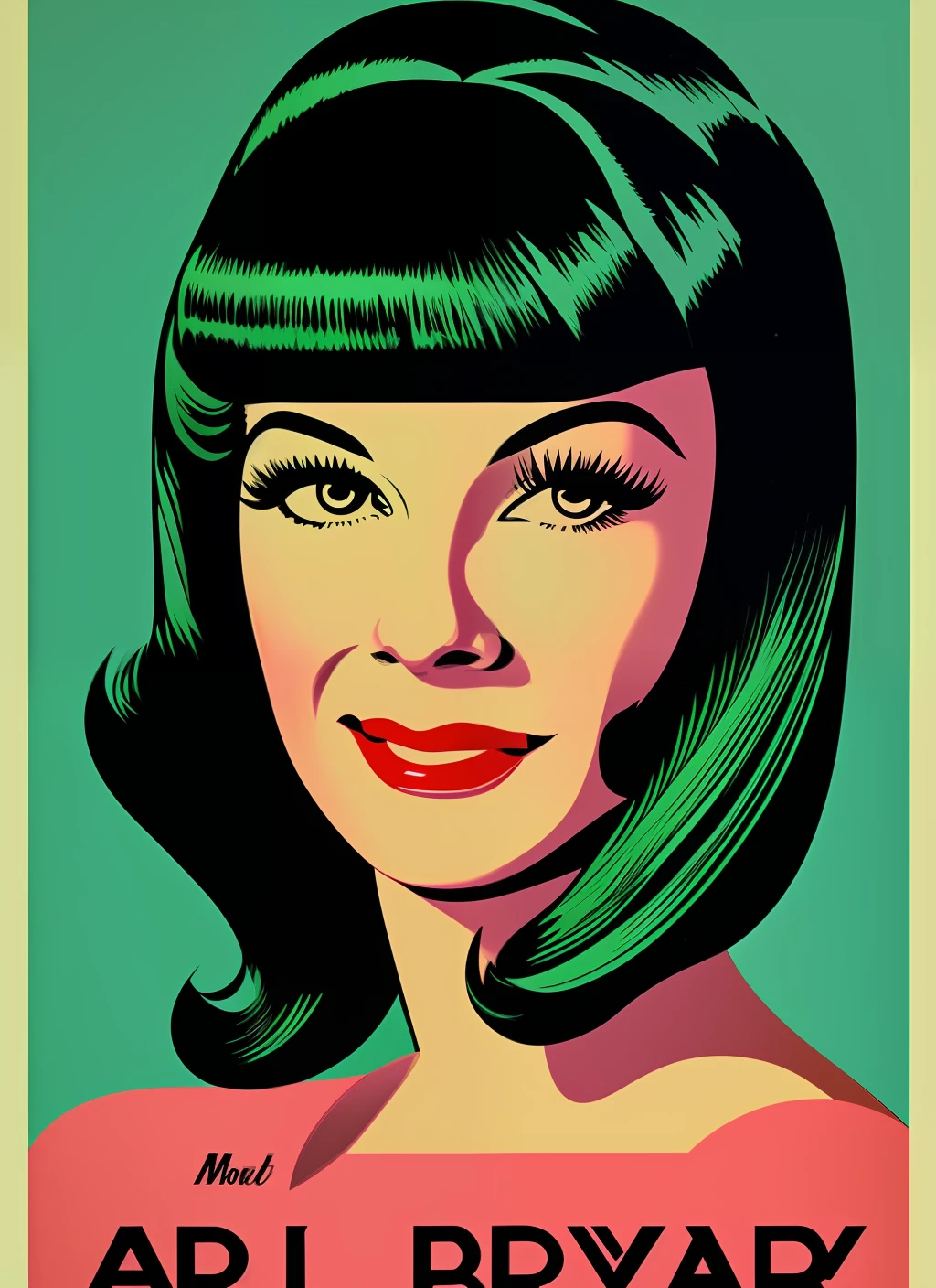 a close up of a poster with a woman's hair cut, an illustration of by Maurice Braun, tumblr, kitsch movement, 1950s illustration style, 1960s advertisement, retro ad, 1 9 4 0 s haircut, 1960s illustration, wig, betty page fringe, retro illustration, retro 5 0 s style