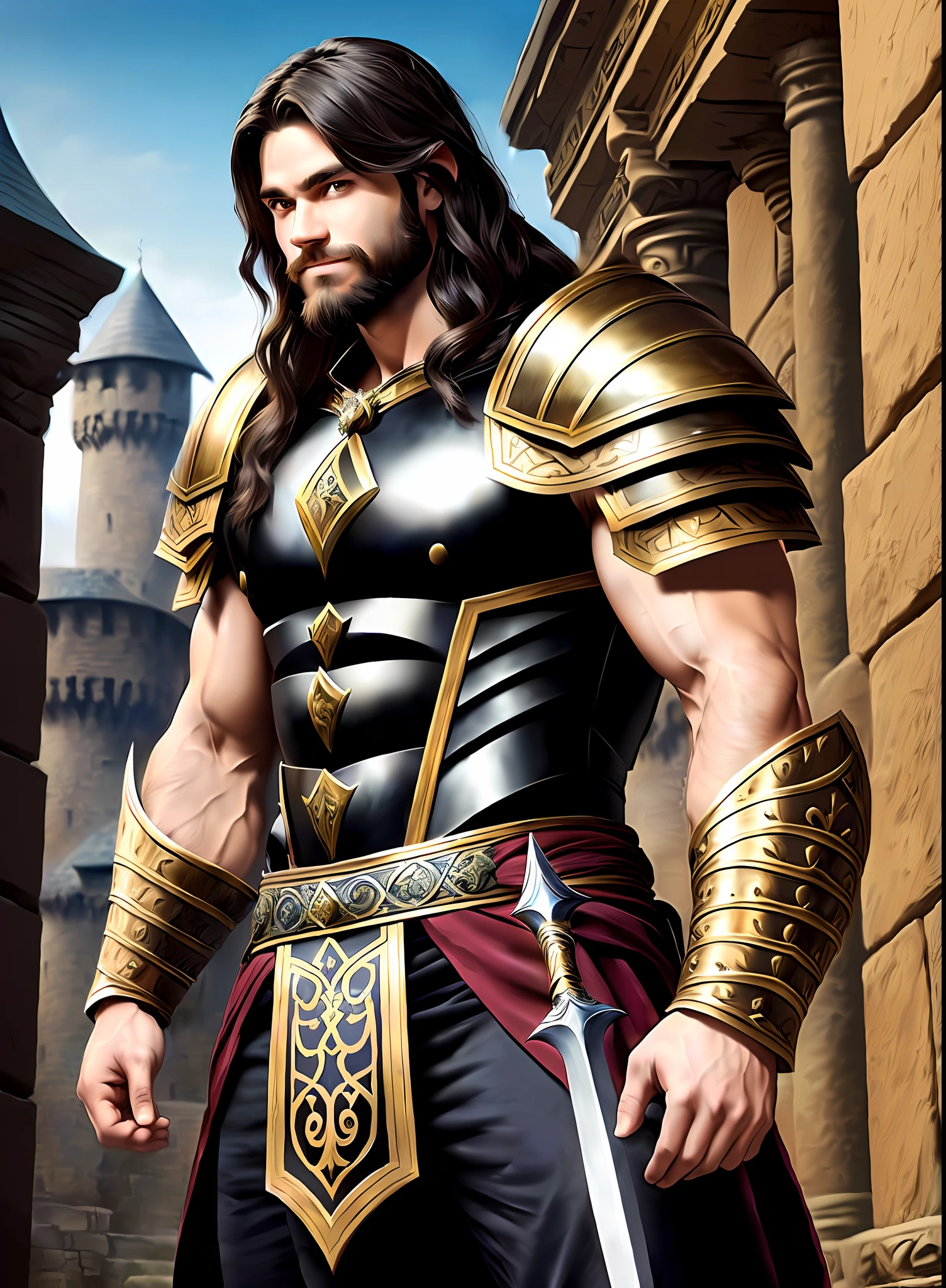 Human middle age, male warrior, 25 years old, handsome male, toned muscles, beard, long hair, beaten chorus armor, dagger in right hand, full body portrait, fantasy setting, castle background, Renaissance style, black hair, suggestive smile --auto --s2