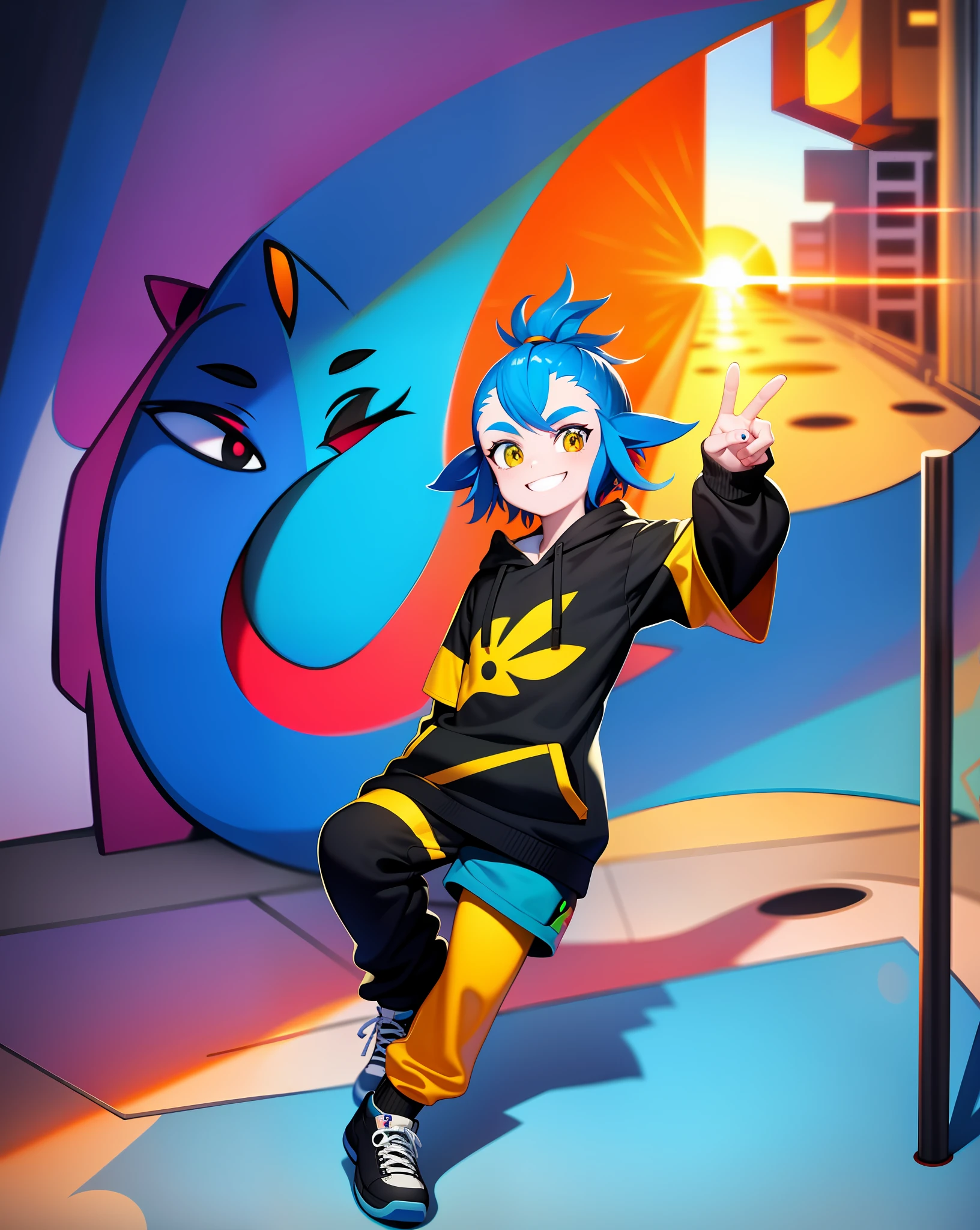 Avali, colorful city, futuristic hoodie, casual, graffiti, orange city, sunset, peace sign, smile
