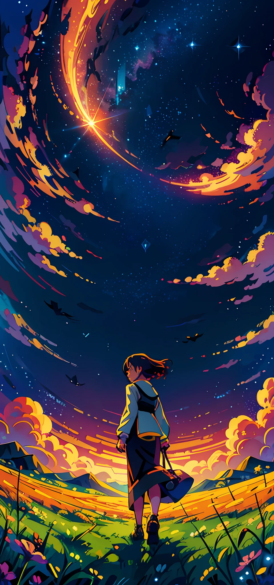 anime style painting of a woman walking in a field with a star in the sky, calm night. digital illustration, jen bartel, background artwork, 4 k hd illustrative wallpaper, anime background art, detailed sky, background art, low detailed. digital painting, detailed digital painting, anime art wallpaper 4 k, anime art wallpaper 4k, anime background, glowing clouds