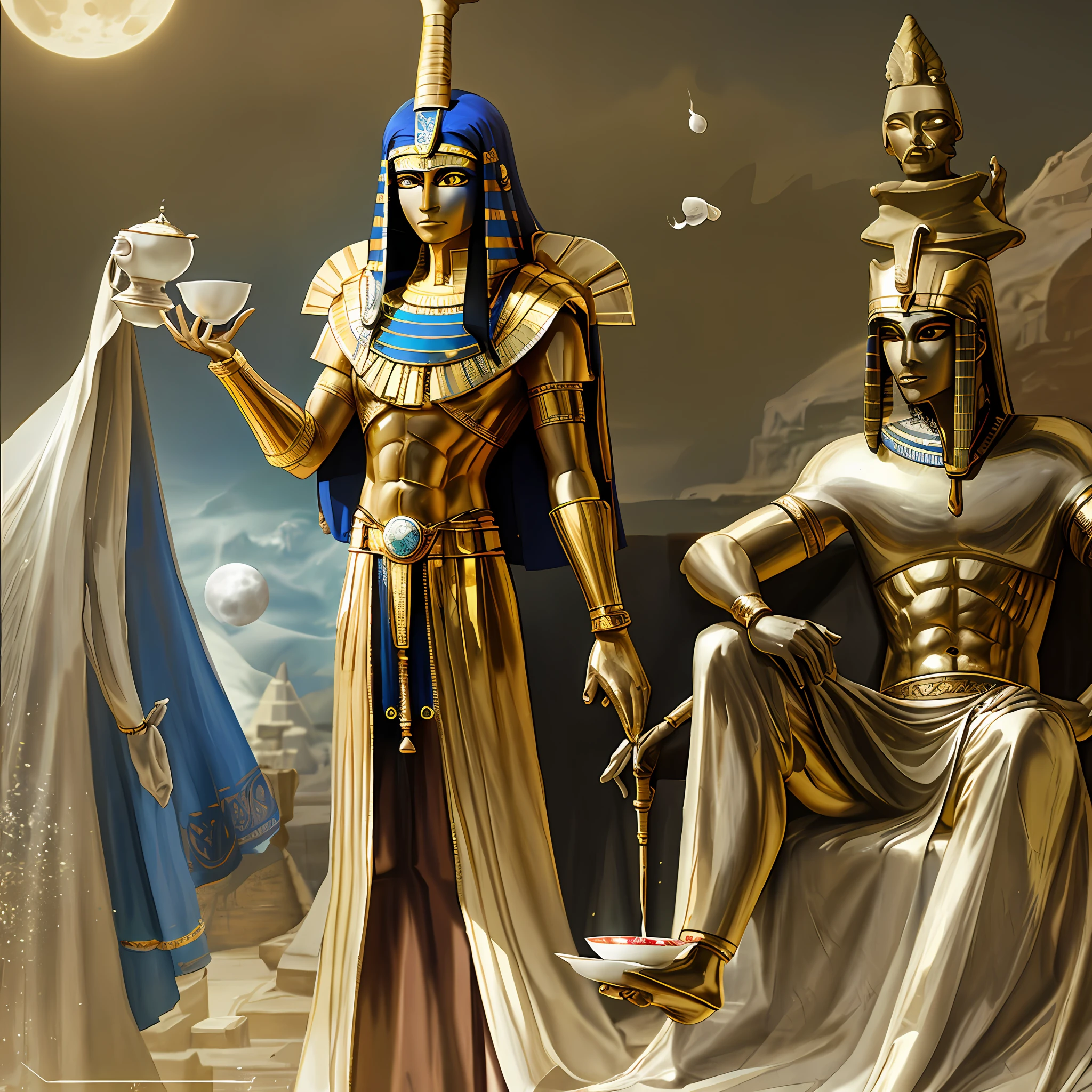 Pharaohs in the moon drinking tea, luxurious shots, realistic
