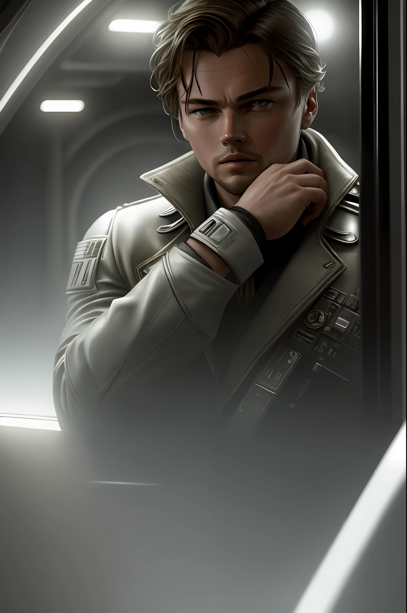 The Aviator, Leonardo dicaprio cybernetic. Realistic, 4k, ultra detailed, epic, cinematic lighting, photography, film style, natural light, natural blur, photorealism, cinematic rendering, ray tracing, highest quality, highest detail, cinematic, blur effect, long exposure, 8K, moody lighting, ((full body))