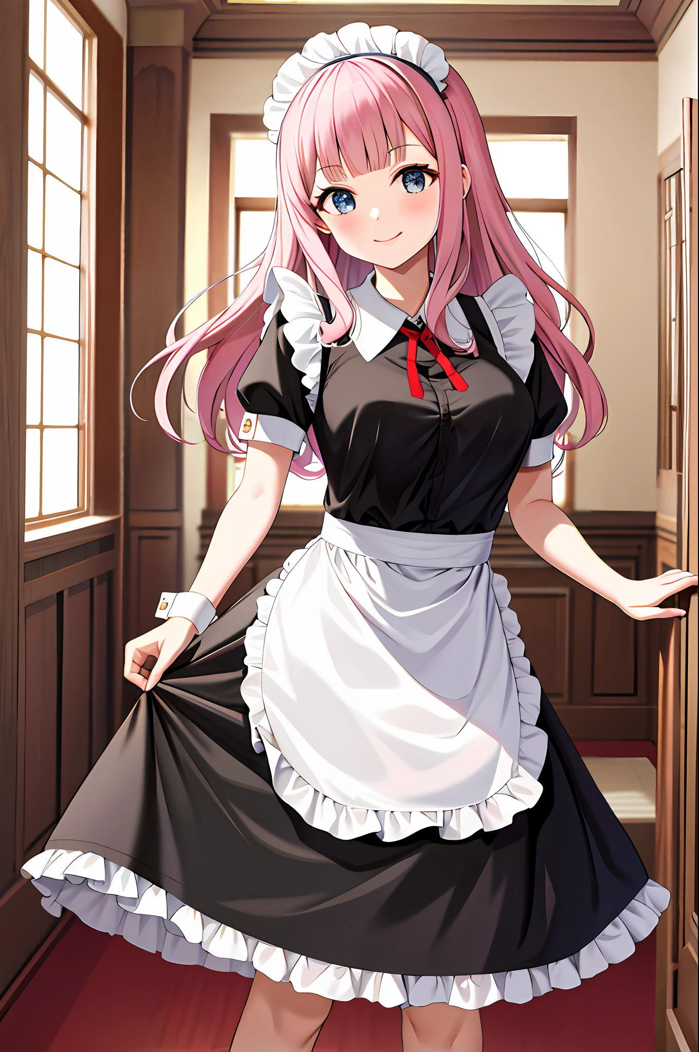 masterpiece, best quality, highres, chika1, fujiwara chika, maid dress, breasts, red ribbon, blunt bangs, large breasts, cowboy shot, smile, indoors, sexy pose, breast out, 2 arms, perfect finger, maid, meidofuku, black maid dress, appron, maid appron, mini skirt, garter strap, stocking,