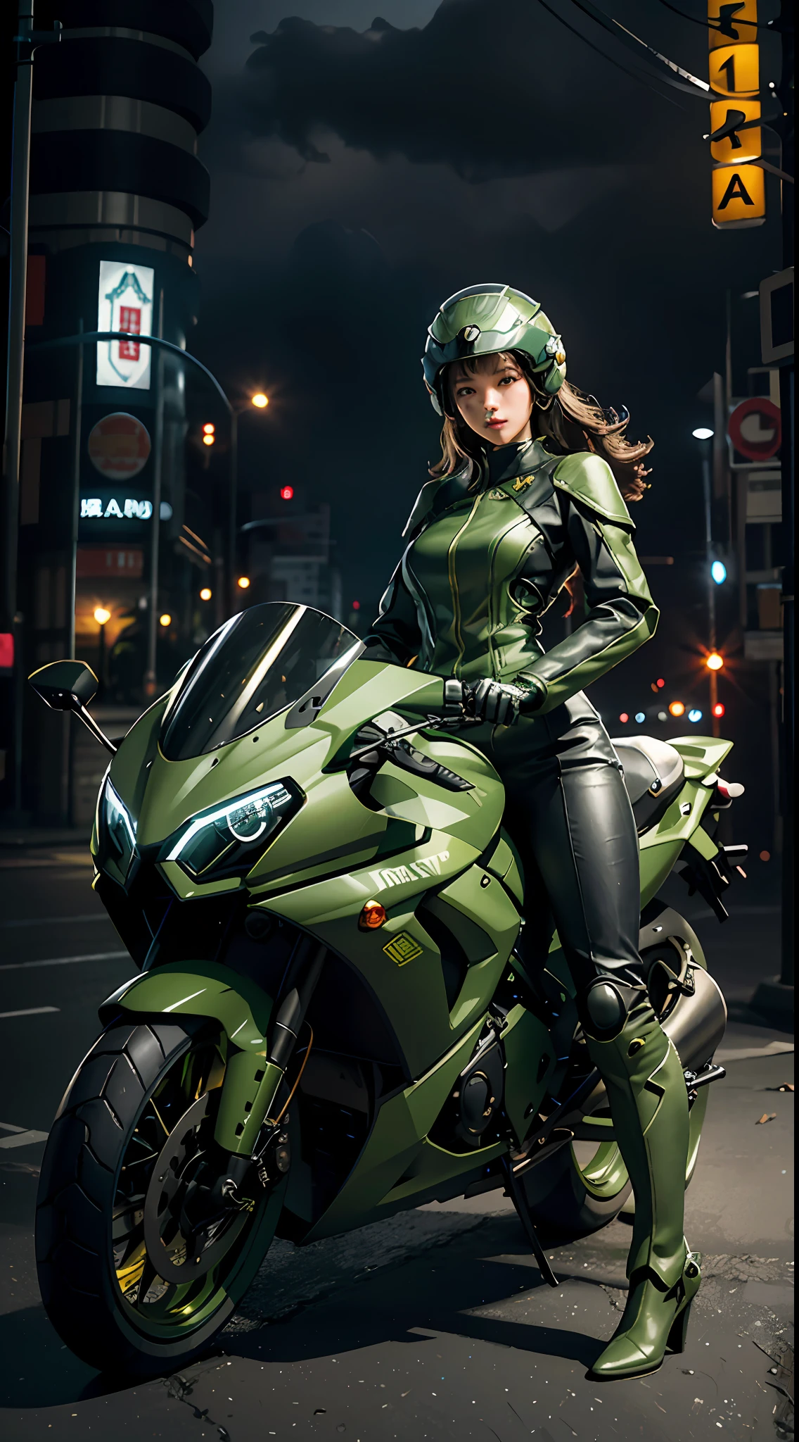 Highest image quality, outstanding details, ultra-high resolution, (realism: 1.4), the best illustration, favor details, highly condensed 1girl, with a delicate and beautiful face, dressed in a black and green mecha, wearing a mecha helmet, holding a directional controller, riding on a motorcycle, the background is a high-tech lighting scene of the future city.