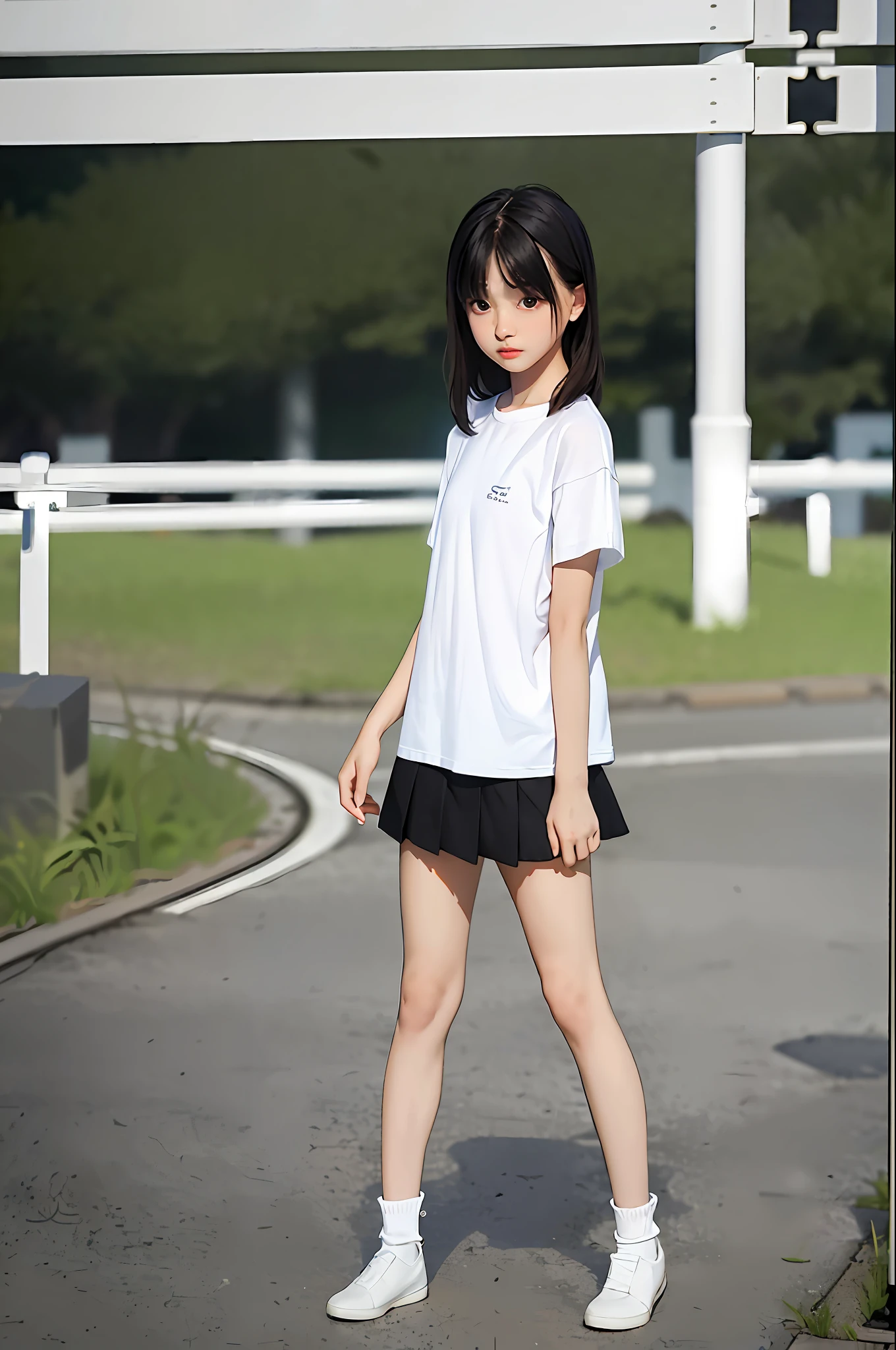 masterpiece, best quality, (dark photo: 1.3), photorealistic, full body, small, 1girl, flat bangs, stunning innocent symmetrical face, white shirt, standing knees, wind, miniskirt, emotional, orchan, (PureErosFace_V1:0.7)